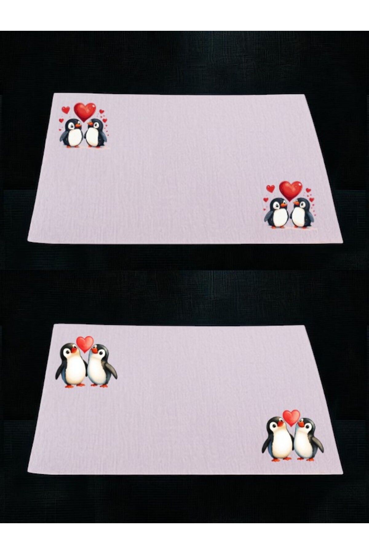 lili hediyelik Kalp Ve Penguen Baskılı Mutfak Masası 2'li Keten Servis Bezi 28x40 Cm Amerikan Servis