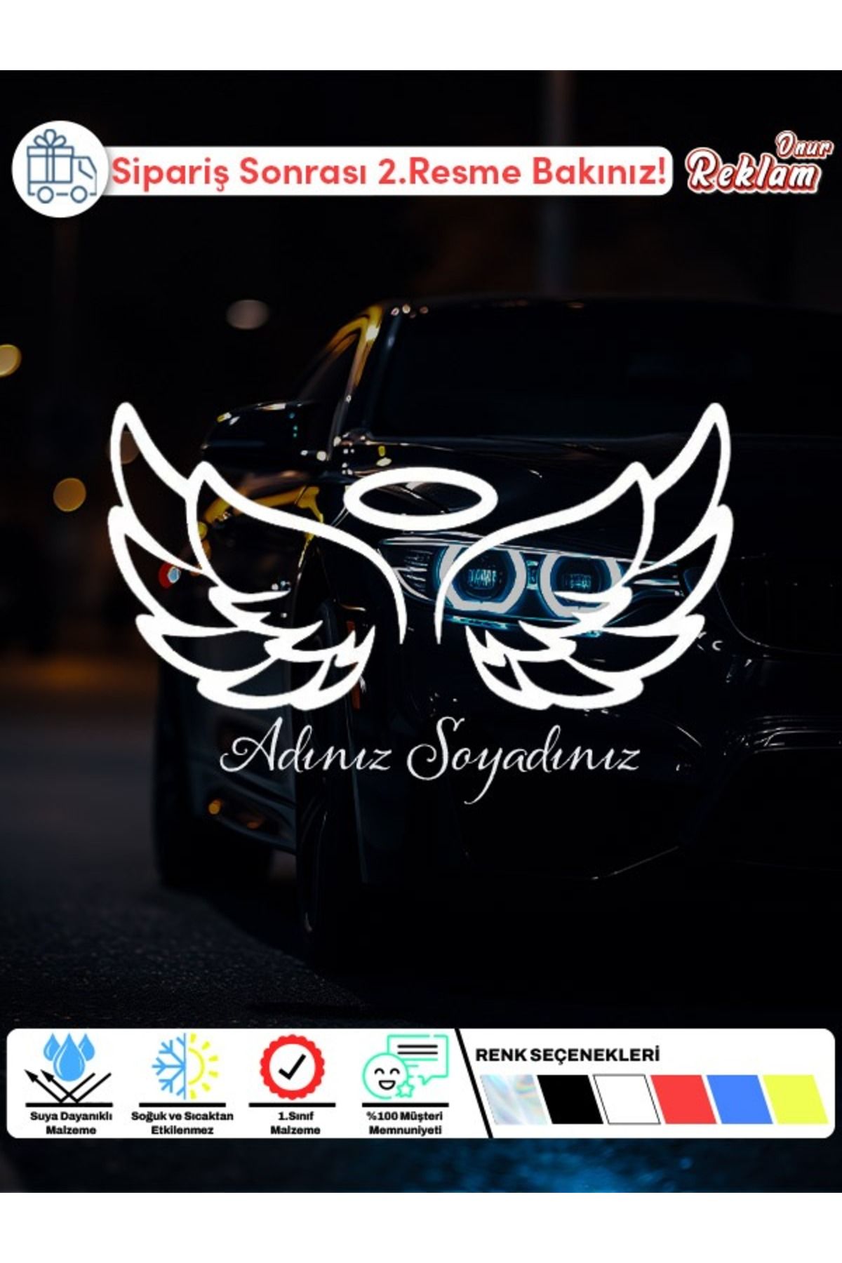 Onur Reklam Kişiye Özel Melek Kanadı Araç Sticker – İsim Yazılabilir – 15x22 cm