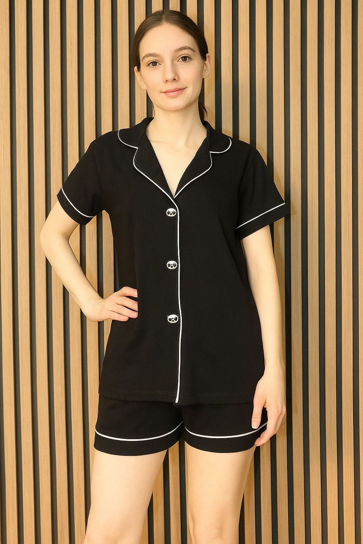 MODA Panda Nakışlı Gömlek Yaka %100 Pamuklu Şortlu Takım
