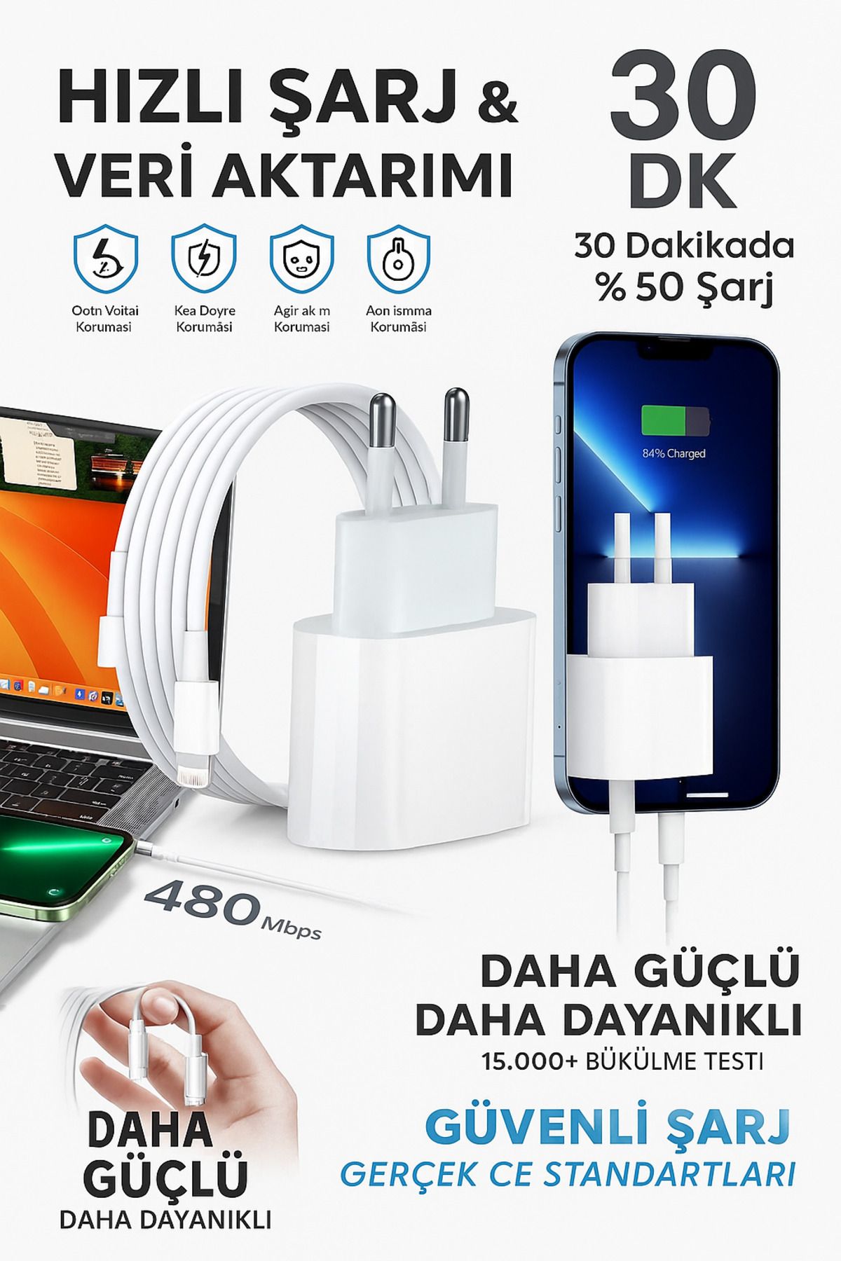 Qifit PD 20W Type-C Lightning Hızlı Şarj Aleti ve Kablo Seti – iPhone Uyumlu, 480Mbps Veri Aktarımı