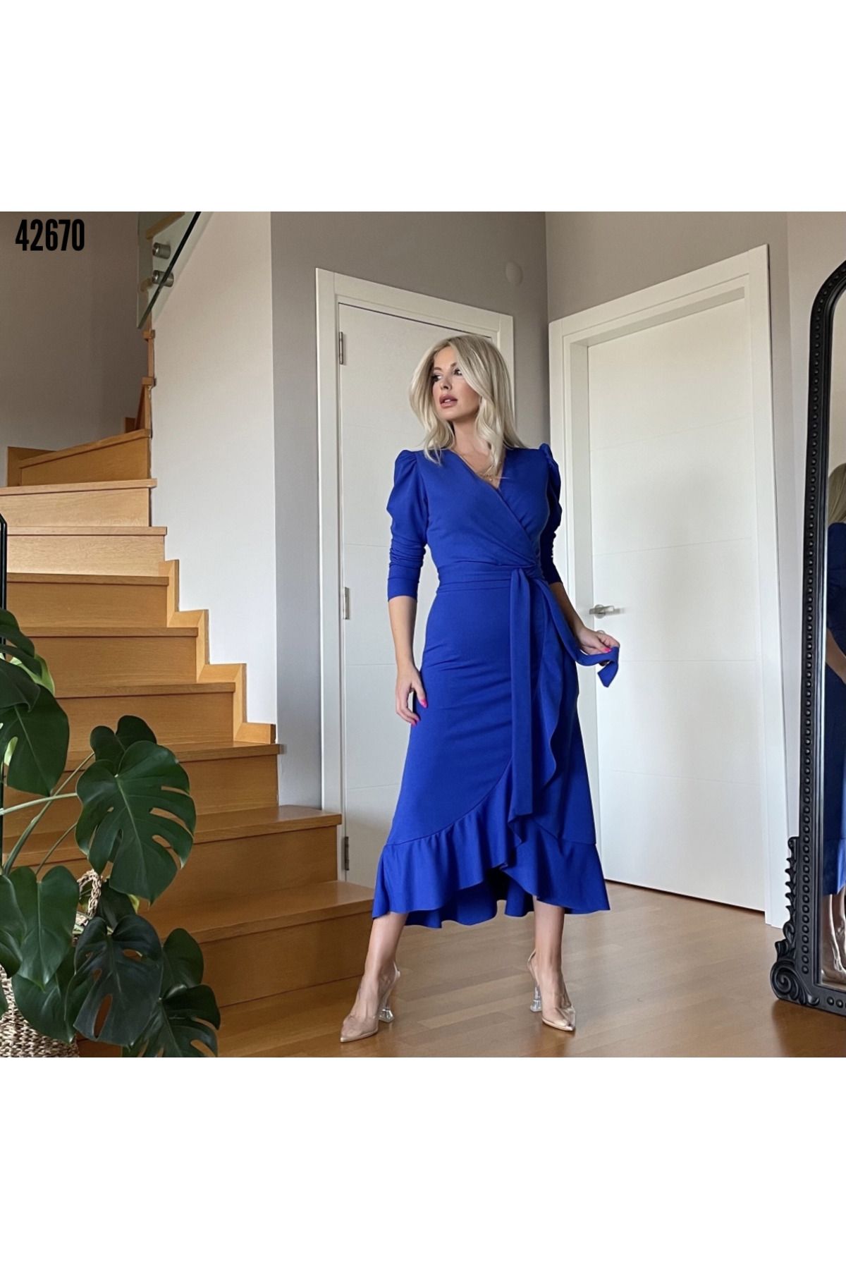 Modayakamoz Kadın Şık Elbise – Krep Kumaş, Uzun Kol, Midi Boy ve Kuşaklı Tasarım