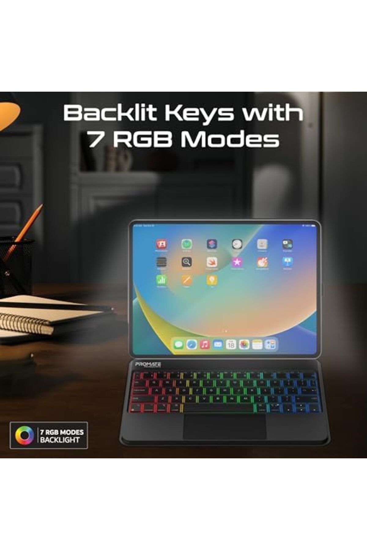 Promate-Foldable Wireless Keyboard for iPad with RGB Backlight and Multi-Function Touchpad, Smart Co 8
