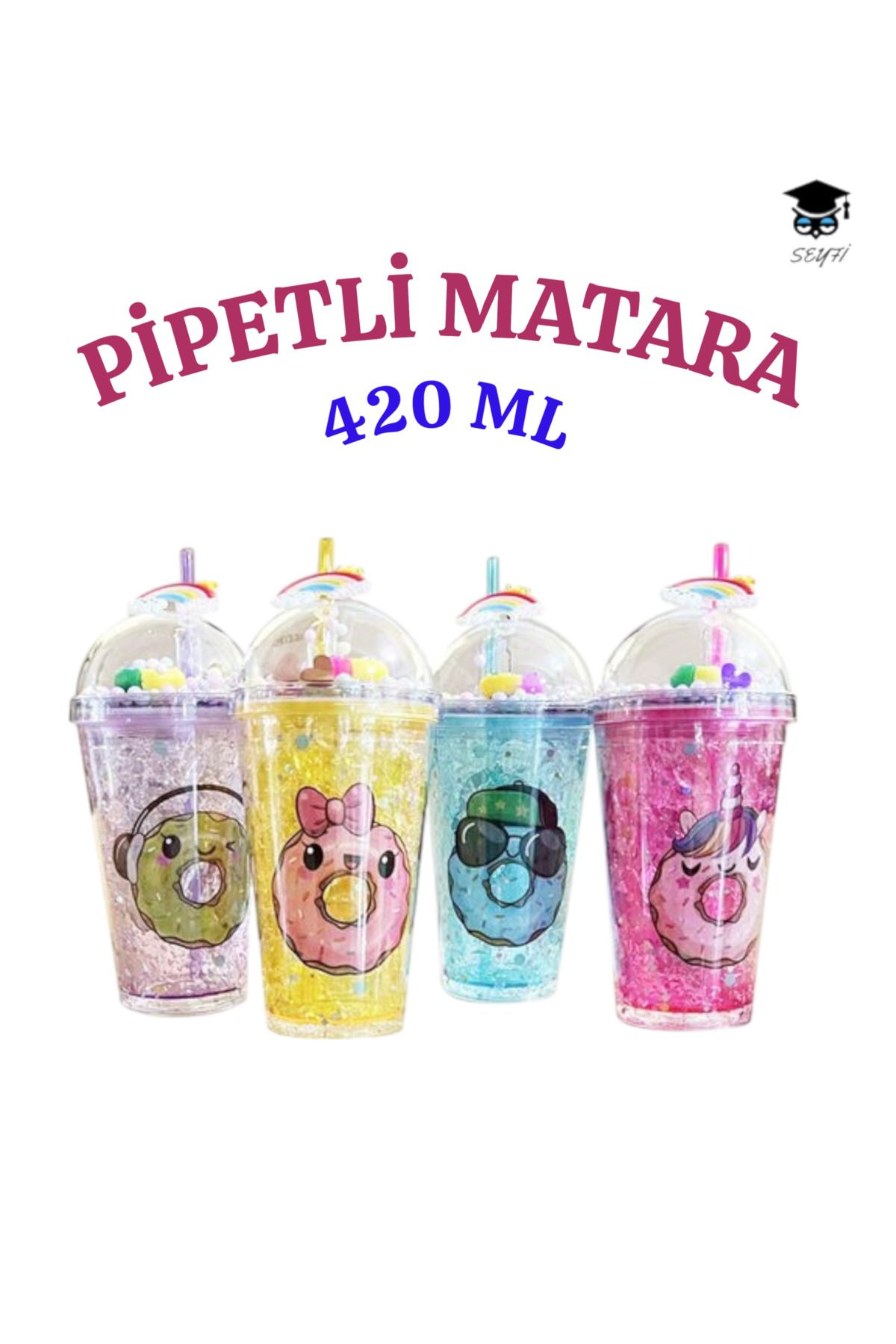 SEYFİKİRTASİYE 1 Adet Desenli Plastik Pipetli Bardak 420 ml Karma Renk Yollanmaktadır