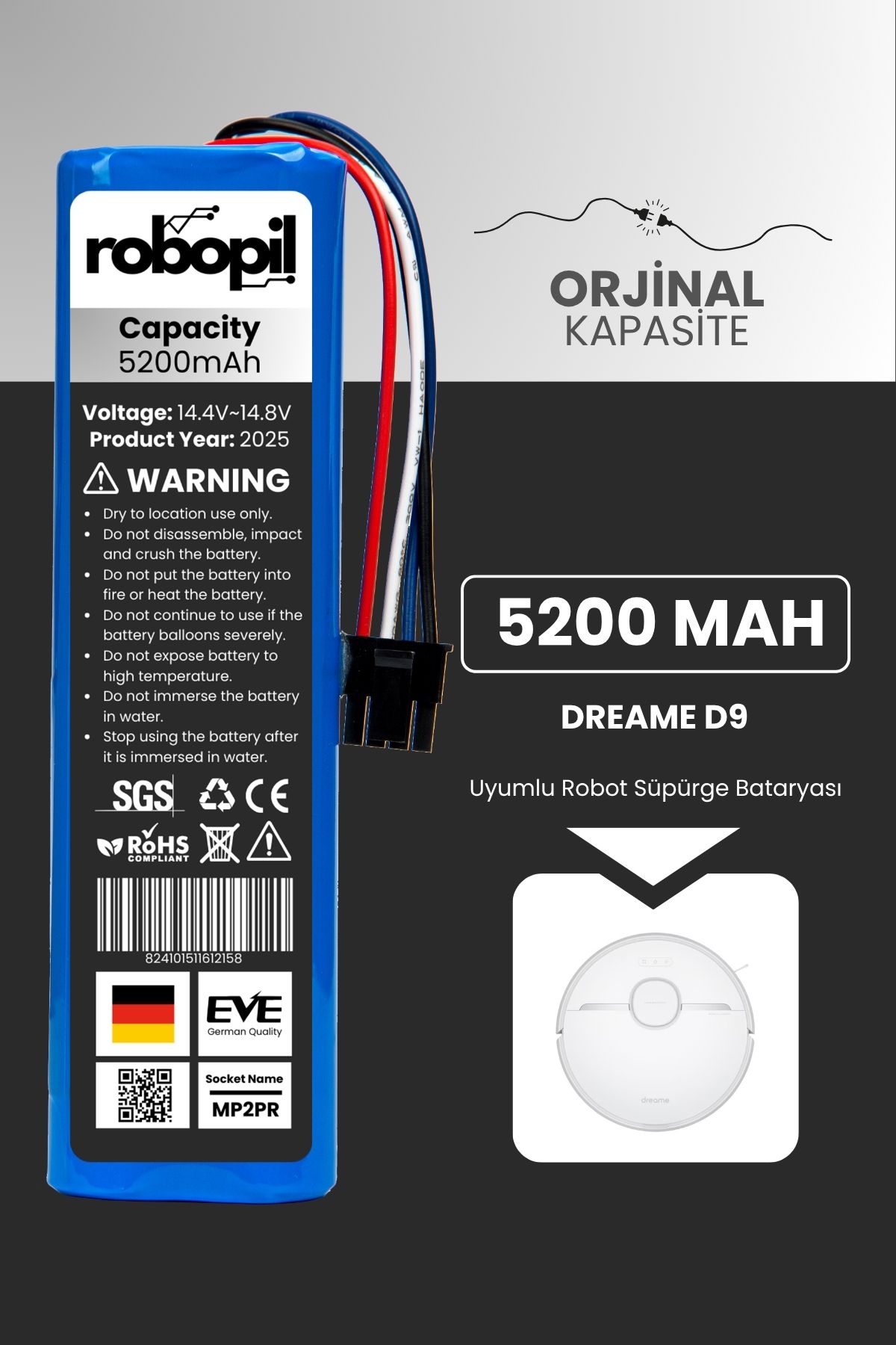 ROBOPİL Dreame D9 Pil Batarya [Standart Kapasite] 5200mah Akıllı Robot Süpürge Bataryası Değişimi
