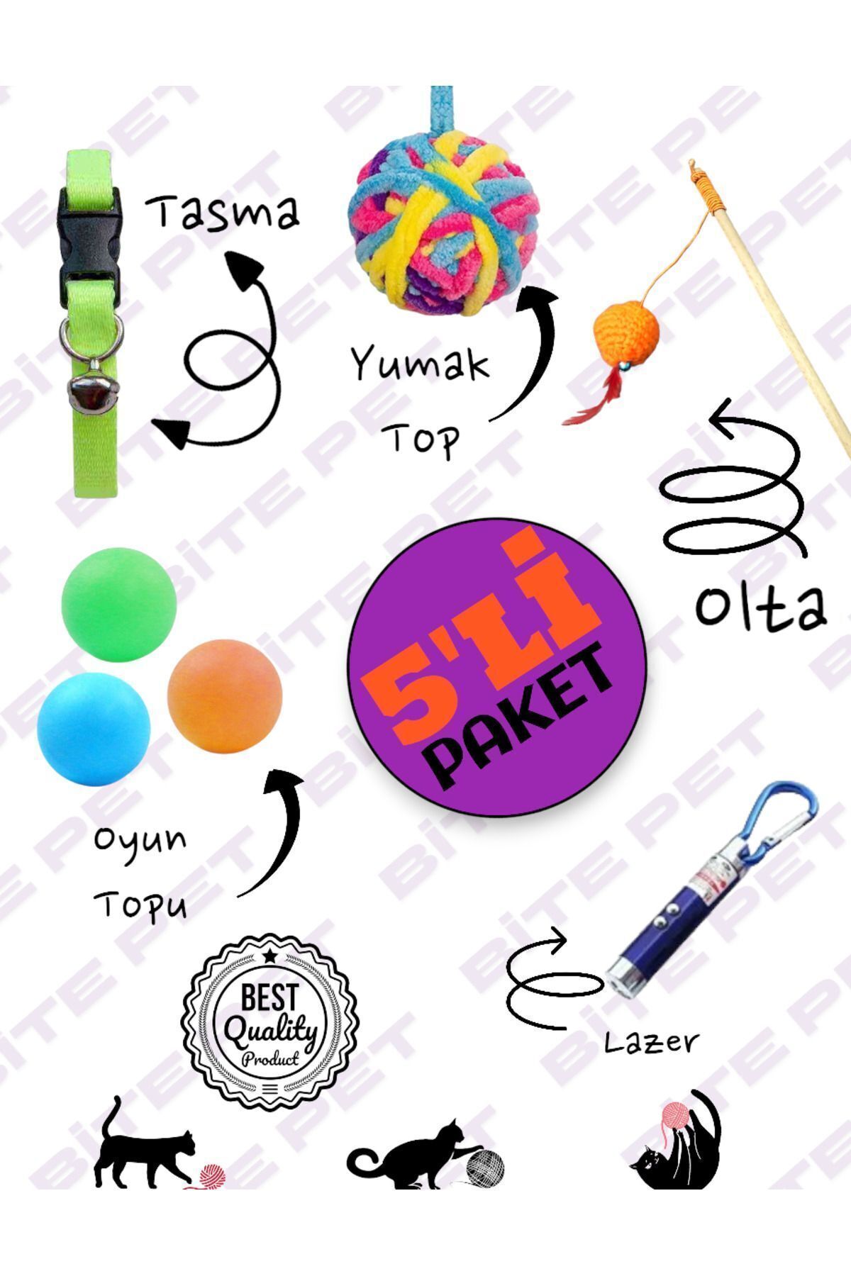 teknotrust 5'li Kedi Oyuncak Seti: Top, Yuma, Tasma, Lazer, Oyun Malzemeleri