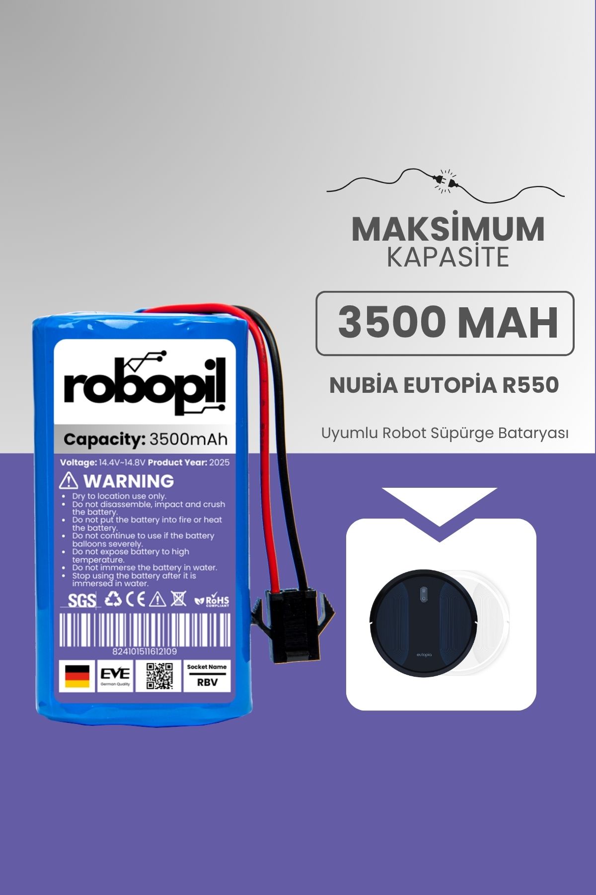 ROBOPİL Nubia Eutopia R550 Pil Batarya [Maksimum Kapasite] 3500mah Akıllı Robot Süpürge Bataryası
