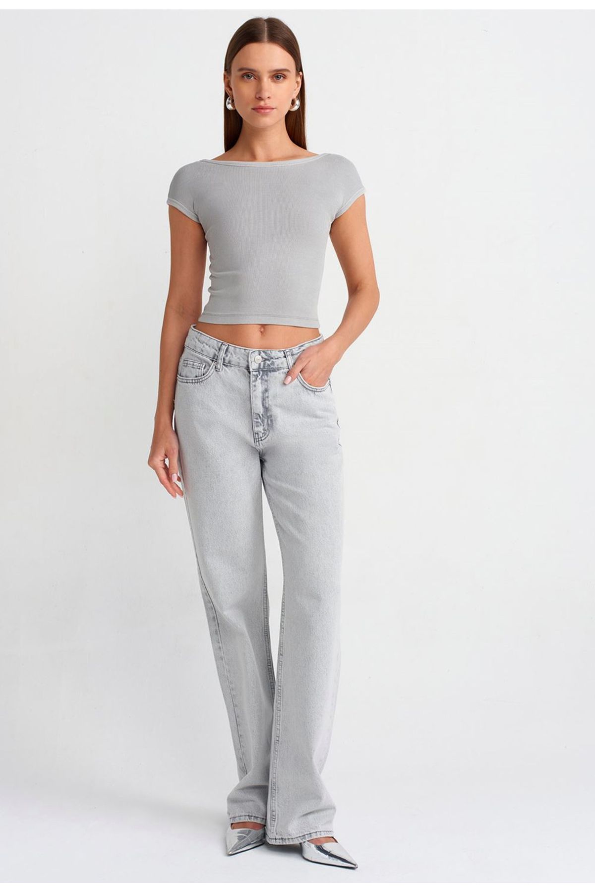 NK 71454 Kar Yıkama Gri Wideleg Denim Pantolon-Gri