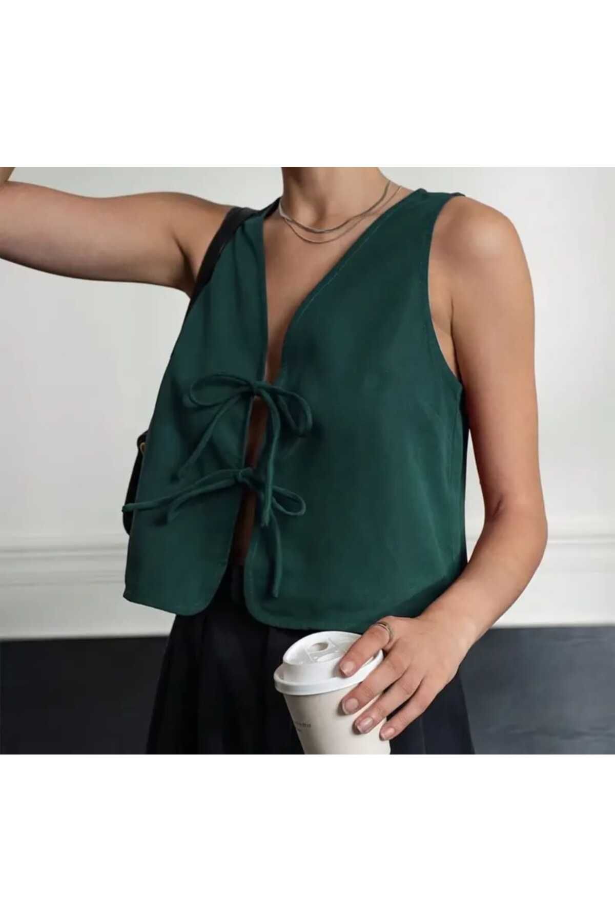 çatı moda Ön bağlamalı kolsuz yeşil yelek