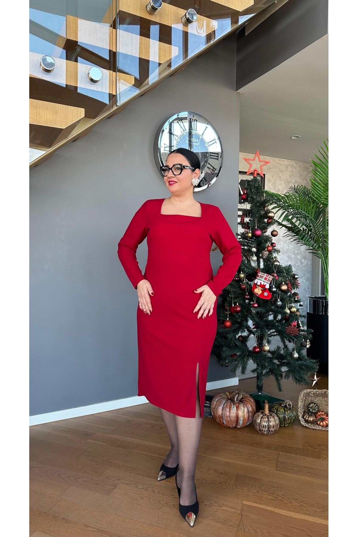 Vio Moda Büyük Beden Kare Yaka Krep Elbise