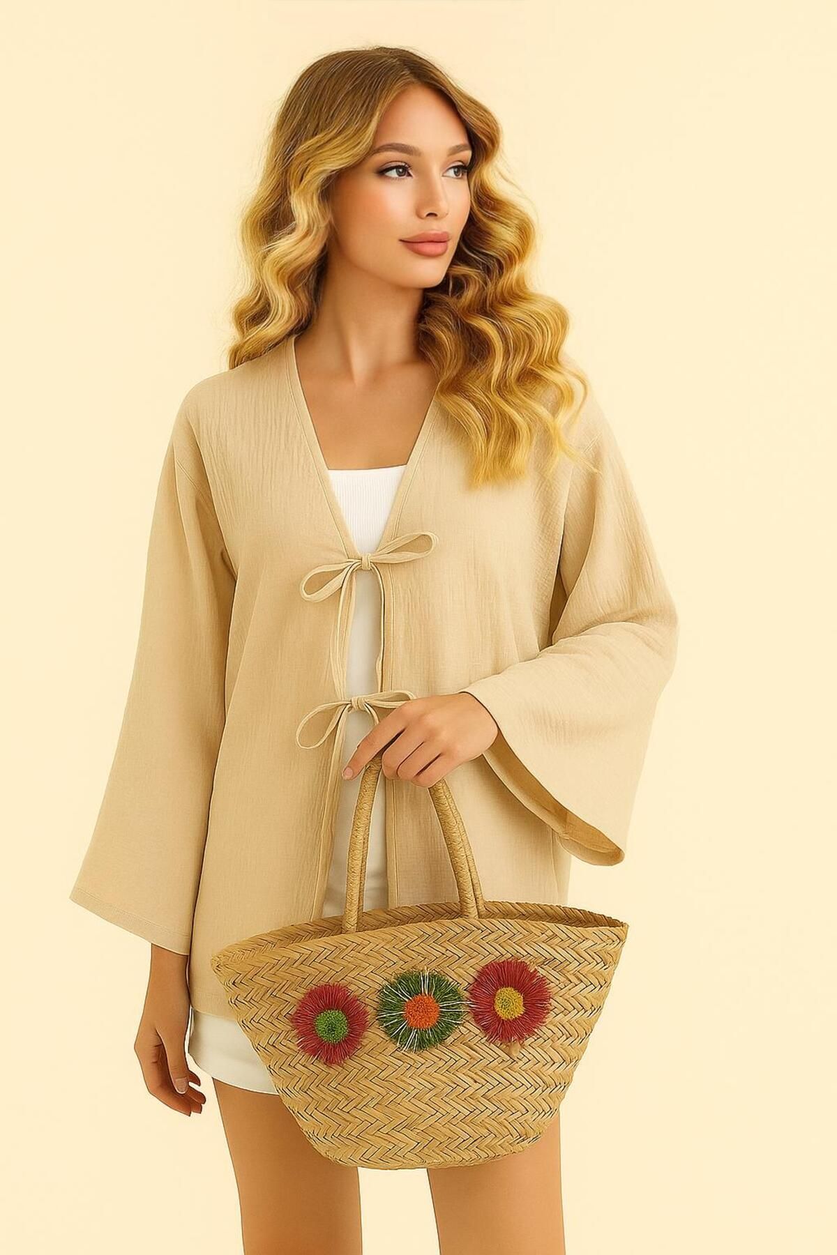 FİOXCO Çift Ön Bağlamalı %100 Muslin Kumaş Oversize Kimono Tunik Üst