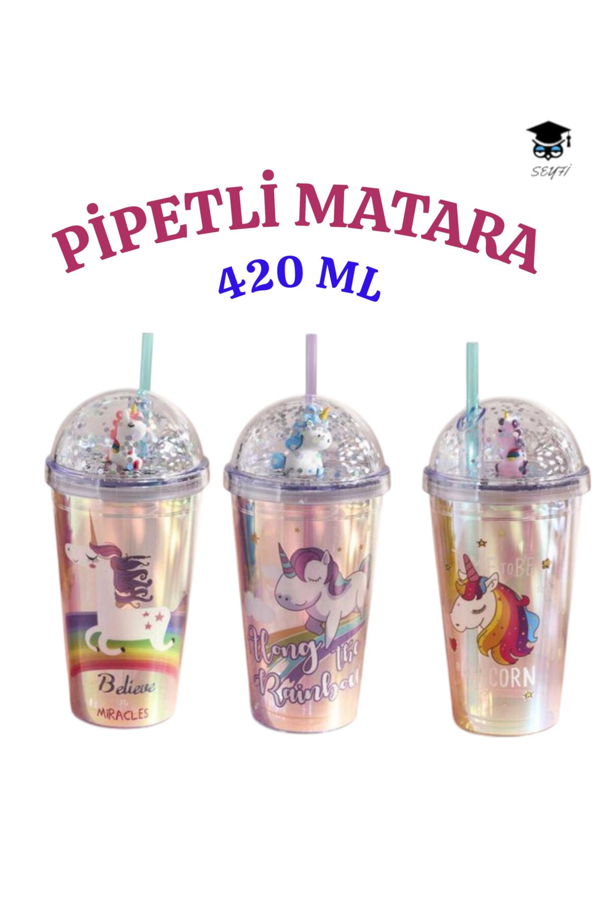 SEYFİKİRTASİYE 1 adet Desenli plastik pipetli bardak 420ml karma renk yollanmaktadır