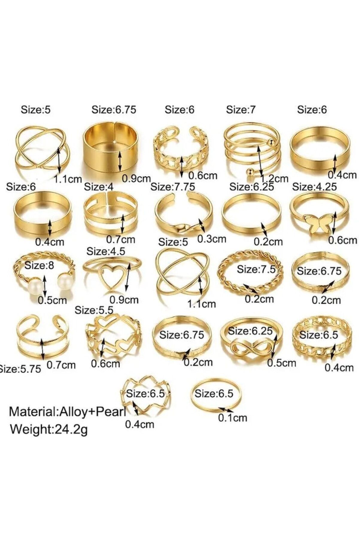 Tessero-Set de 22 de inele de dama, placate cu aur 18K, diferite modele cu fluturi, inimioare si perle 3