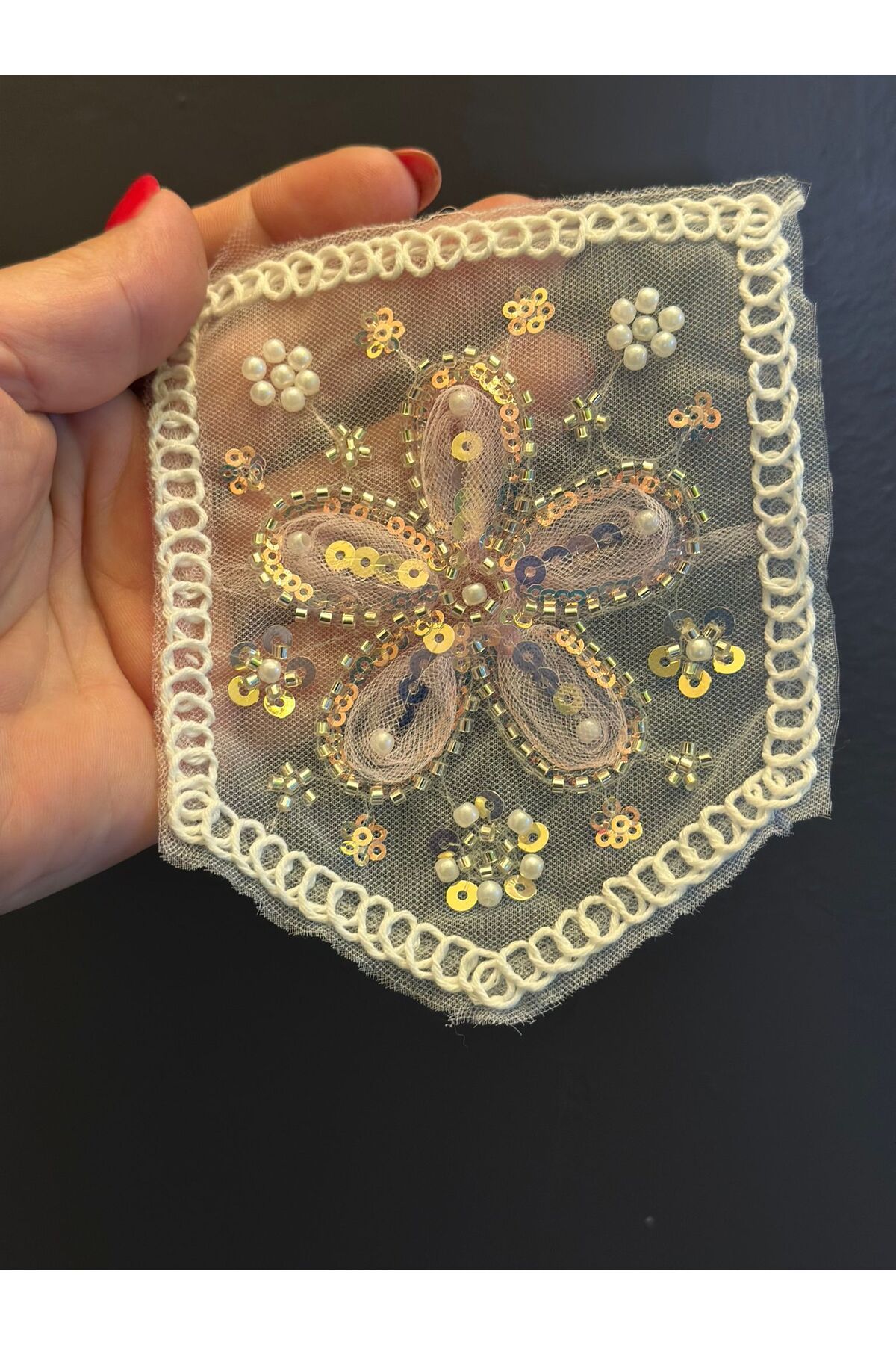 Gönülden Tasarım BONCUK PUL İŞLEME CEP ARMA DİKİŞ APLİKE 14X12 CM Pembe
