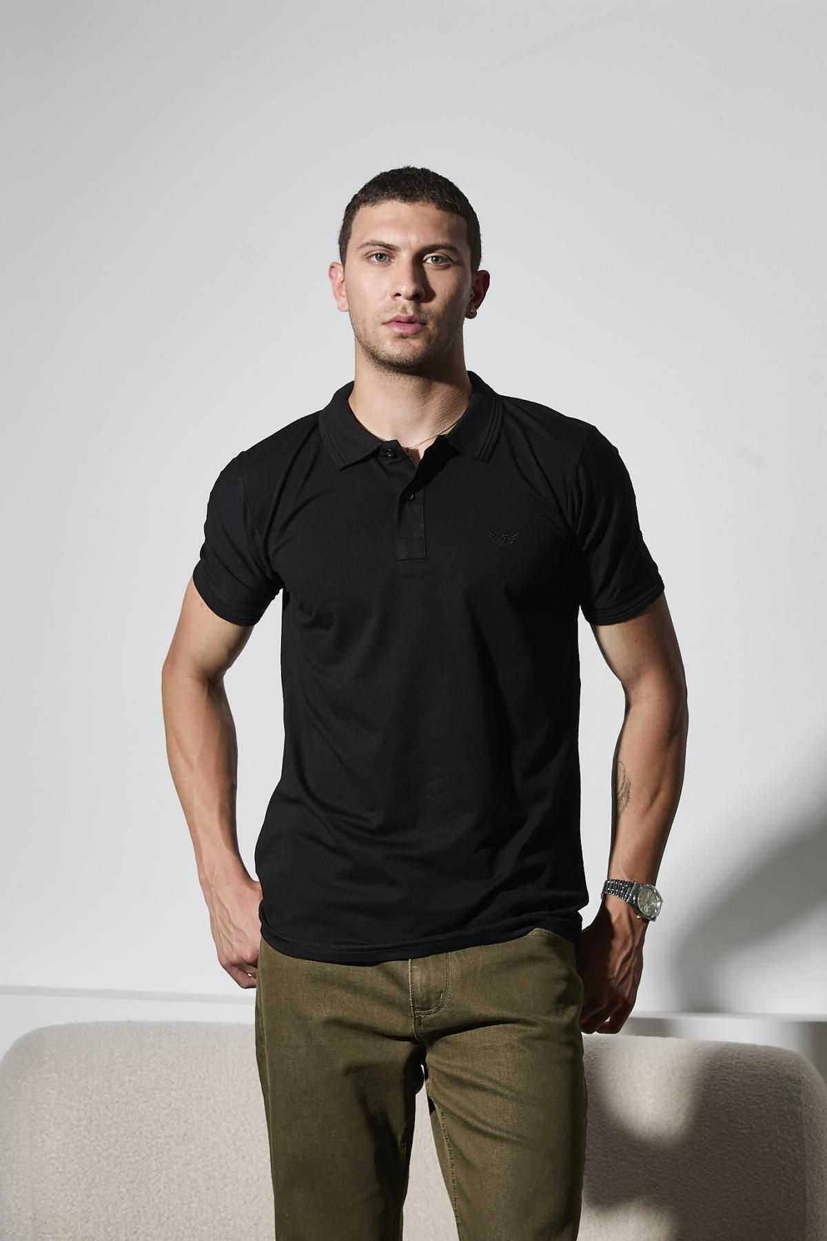 DAMGA JEANS Erkek Bol Kısa Kol Siyah Keten Polo Yaka Tişört