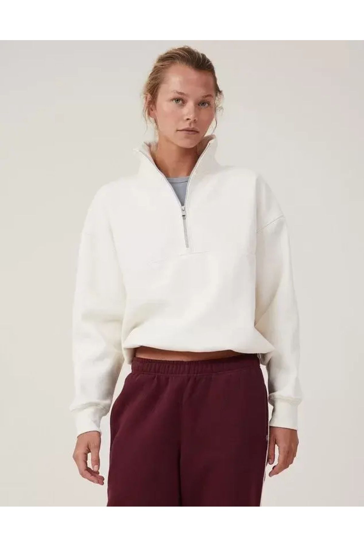 Byozze Oversize Yarım Farmuarlı Yakalı Basic SweatShirt - Beyaz