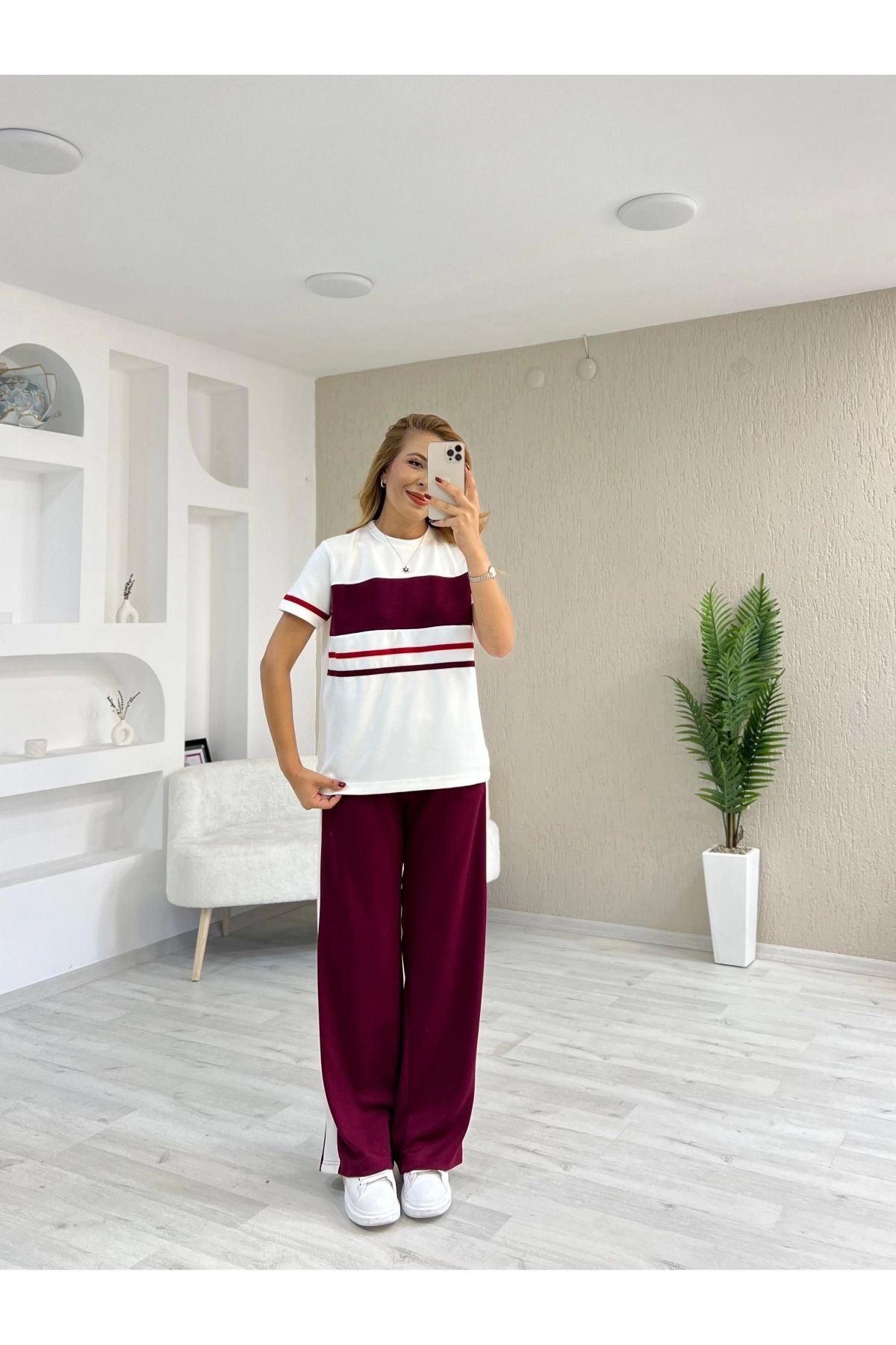 İrka Moda Modal Kumaş Çizgili Takım Bordo