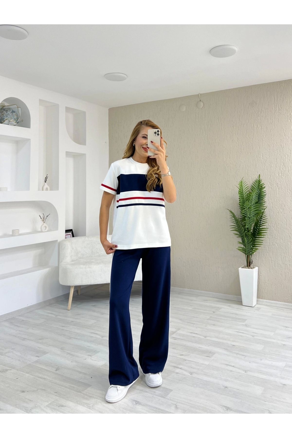 İrka Moda Modal Kumaş Çizgili Takım Lacivert