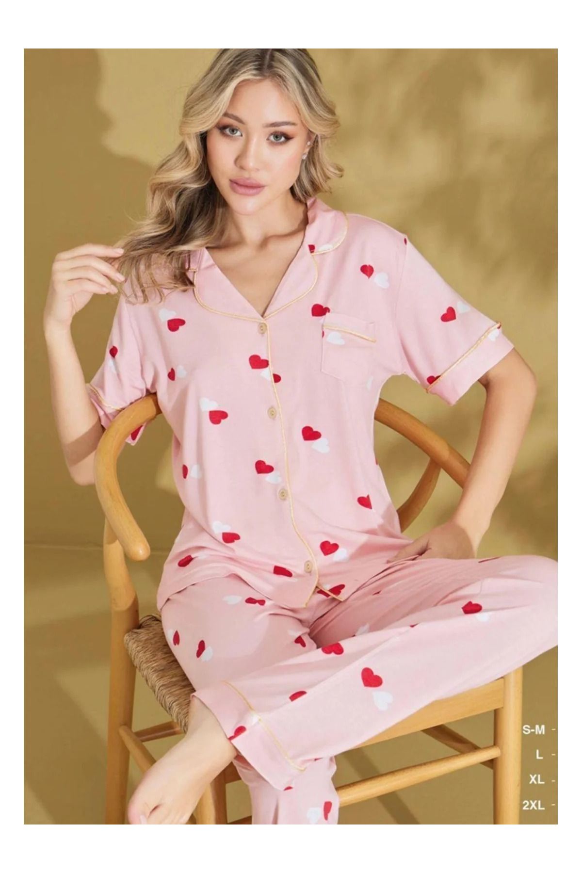 Butik Seamlife PAMUK Dokuma ÖNDEN DÜĞMELİ KISA KOL PİJAMA TAKIMI