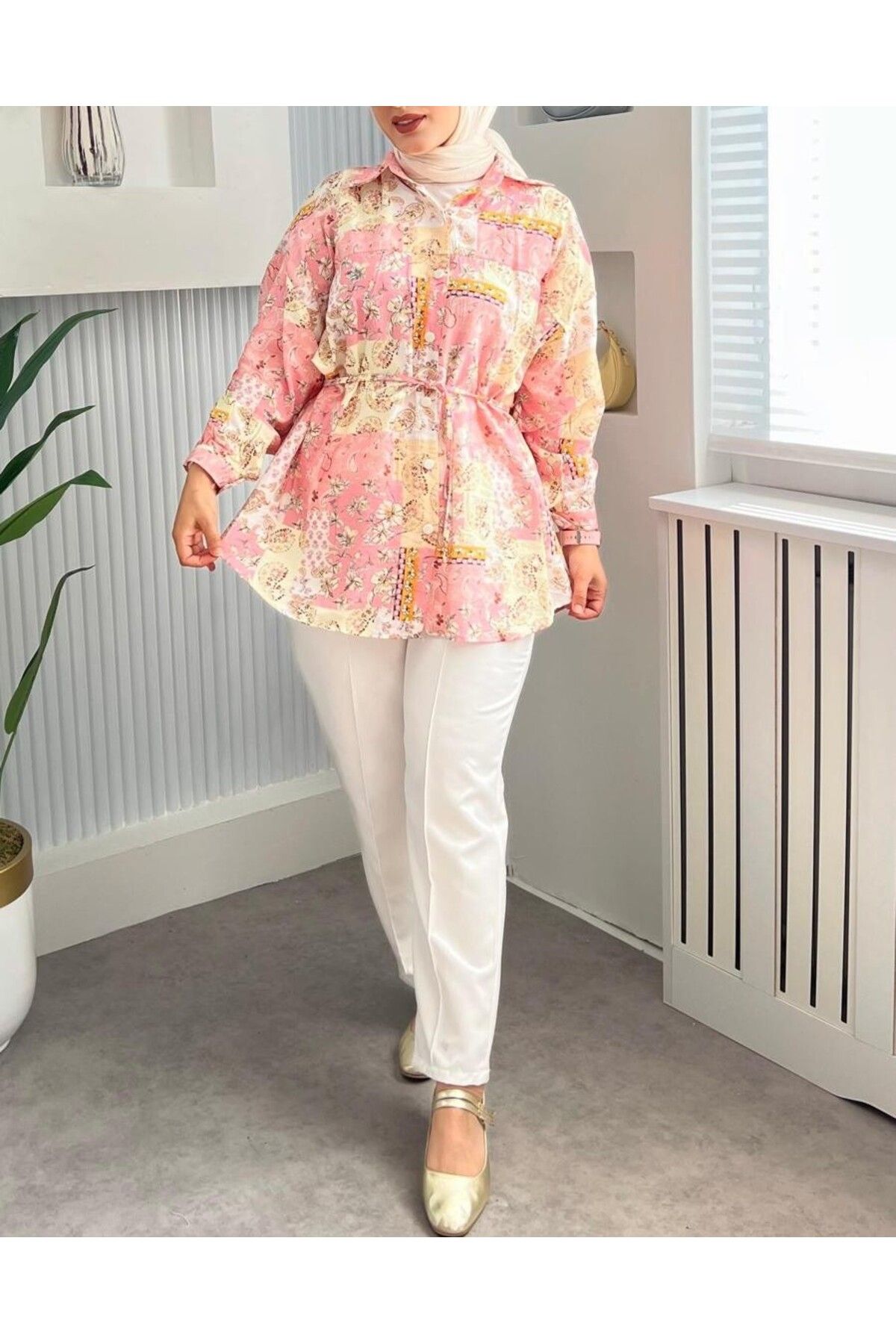 moda paketi Tesettür Desenli Vual Gömlek Tunik Soft Pembe