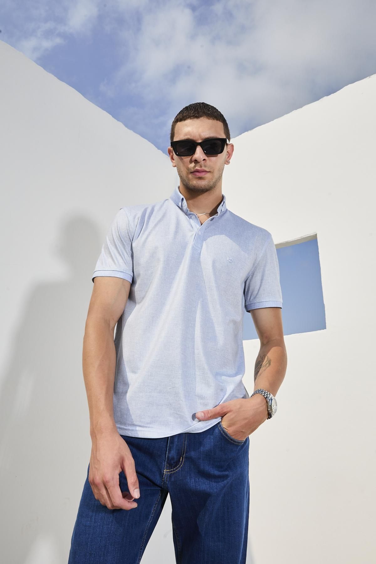 DAMGA JEANS Erkek Kısa Kol Bol Mavi Keten Polo Yaka Tişört
