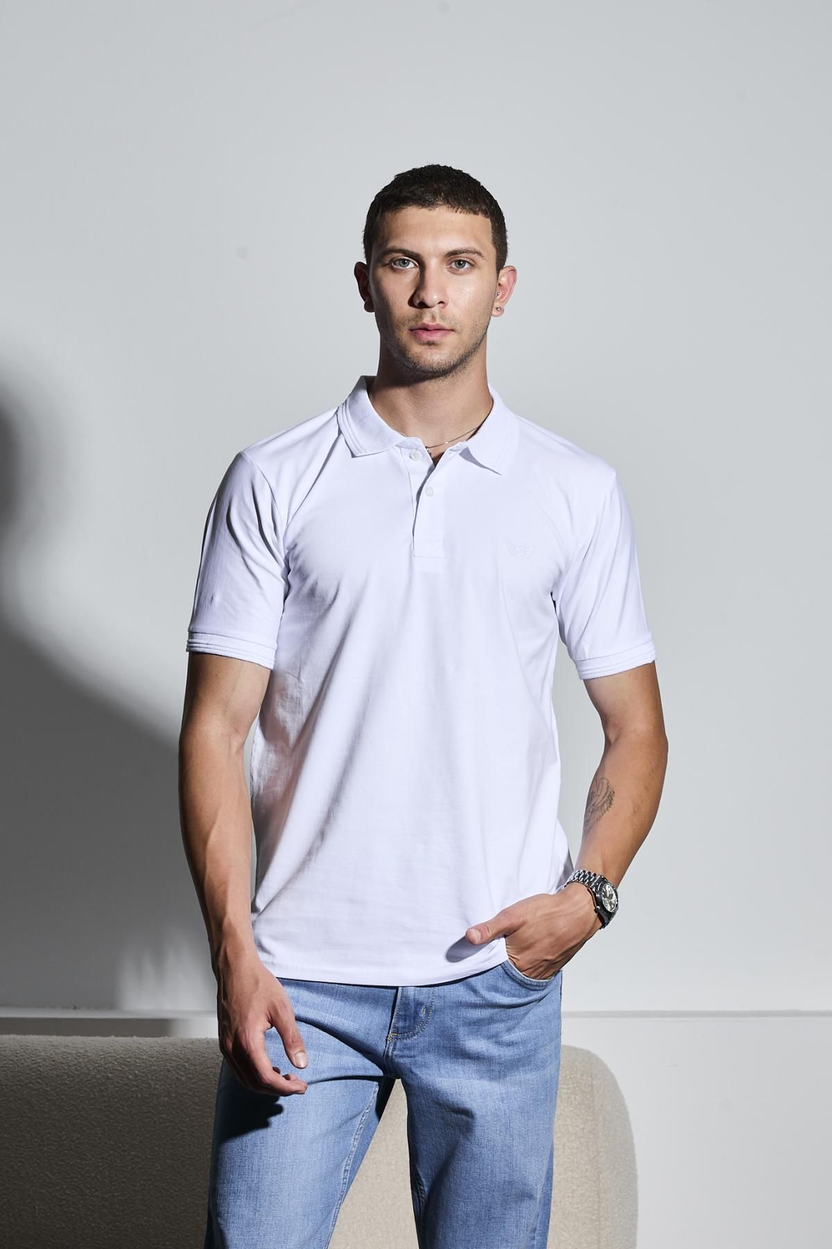 DAMGA JEANS Erkek Bol Kısa Kol Beyaz Keten Polo Yaka Tişört