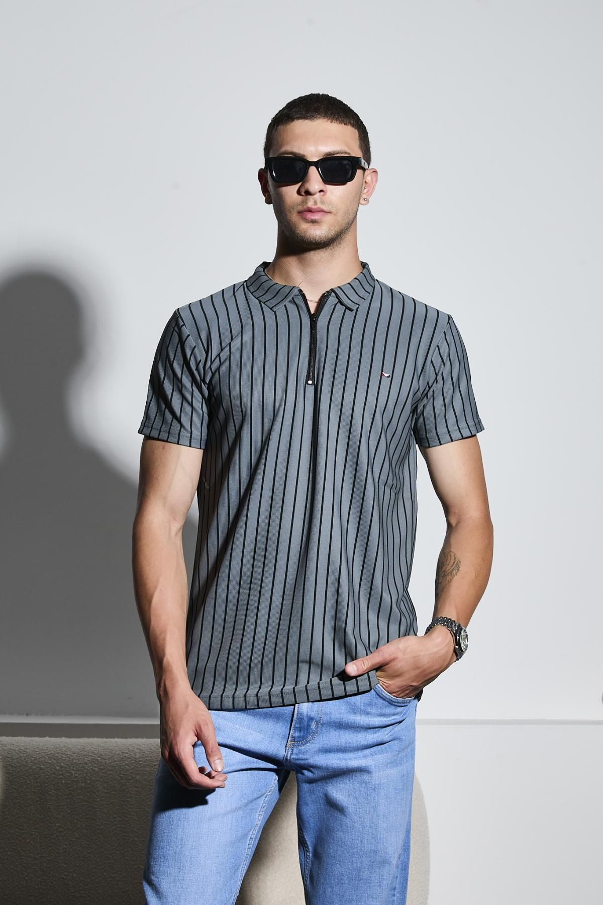 DAMGA JEANS Erkek Çizgili Fermuarlı Füme Polo Yaka Tişört