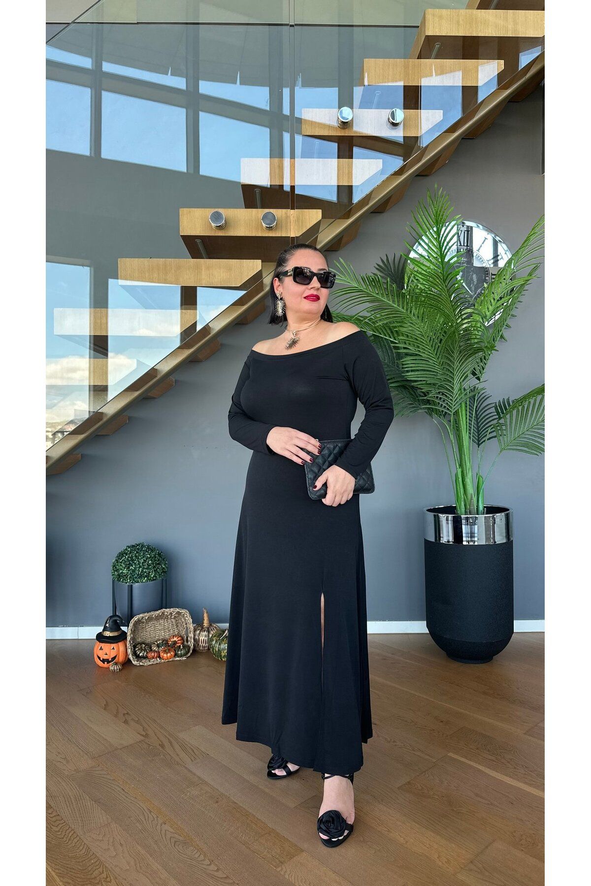 Vio Moda Büyük Beden Madonna Yaka Sandy Elbise