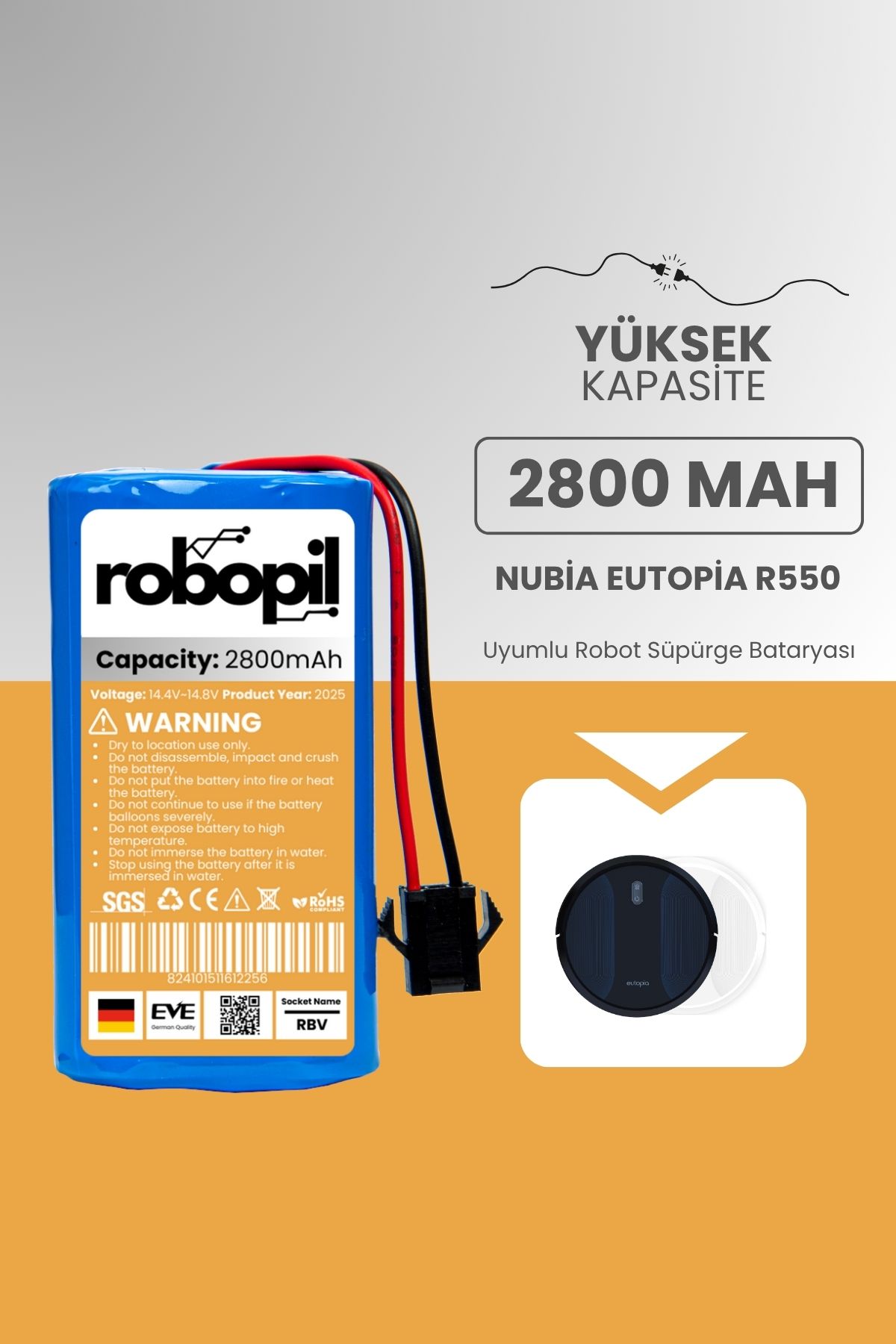 ROBOPİL Nubia Eutopia R550 Pil Batarya [Yüksek Kapasite] 2800mah Akıllı Robot Süpürge Bataryası Değişimi