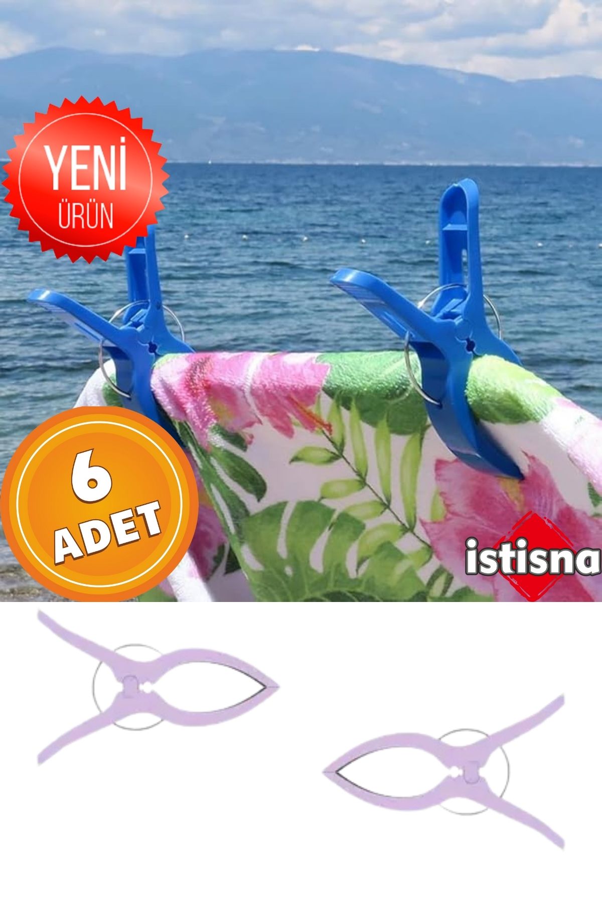 İstisna 6 Adet XXL Büyük Boy Şezlong Plaj Havlusu Mandalı Halı Asma Battaniye ve Havlu Tutucu Mandal