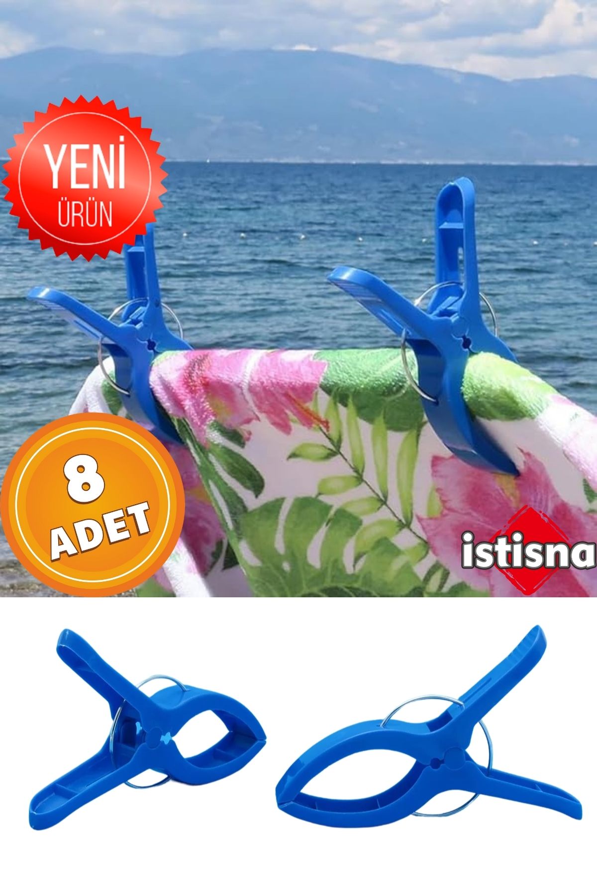 İstisna 8 Adet XXL Büyük Boy Şezlong Plaj Havlusu Mandalı Halı Asma Battaniye ve Havlu Tutucu Mandal
