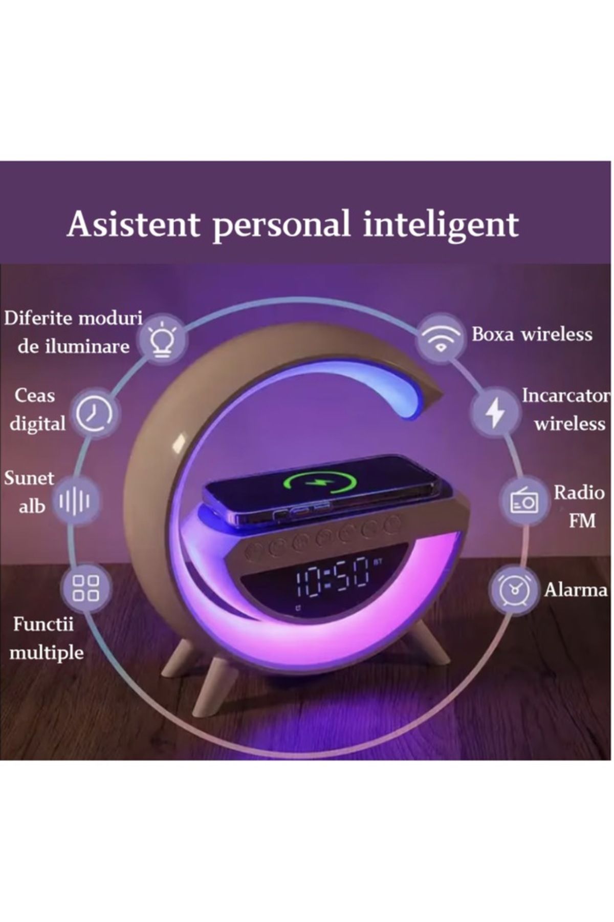 Generic-15W 4 in 1 Fast Wireless Charger with Clock, Speaker, 7-Color RGB LED Smart Lamp, Radio 3