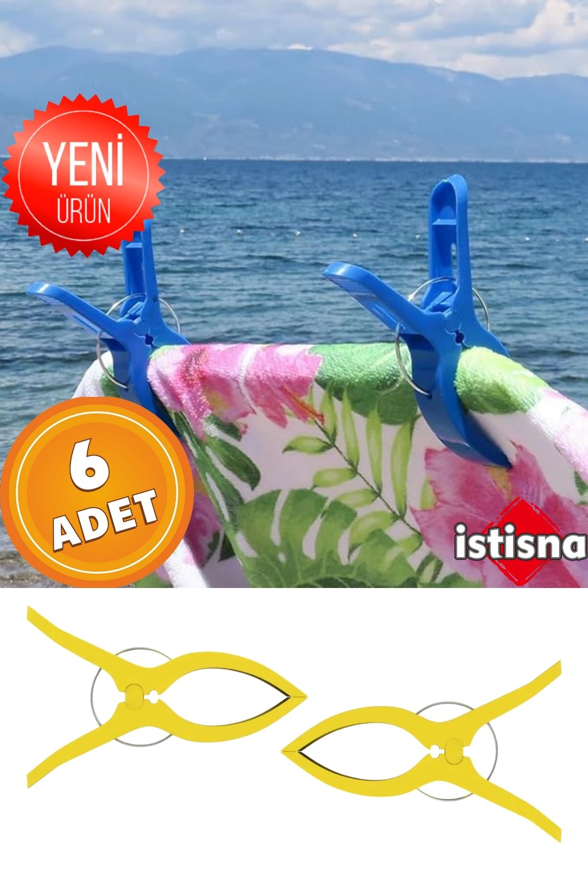 İstisna 6 Adet XXL Büyük Boy Şezlong Plaj Havlusu Mandalı Halı Asma Battaniye ve Havlu Tutucu Mandal