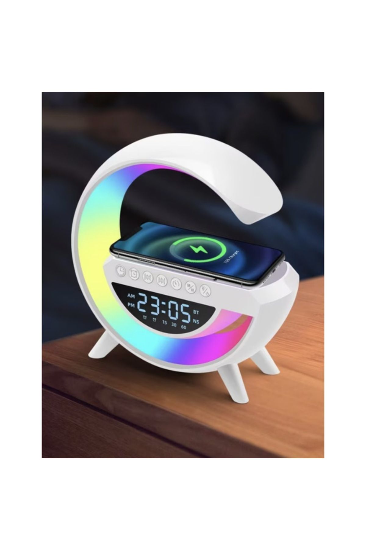 Generic-15W 4 in 1 Fast Wireless Charger with Clock, Speaker, 7-Color RGB LED Smart Lamp, Radio 4