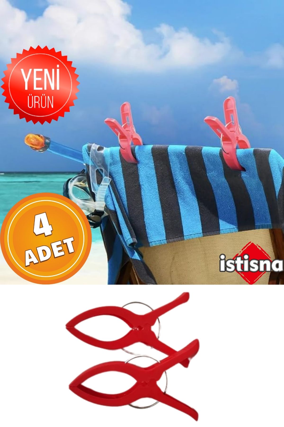 İstisna 4 Adet XXL Büyük Boy Şezlong Plaj Havlusu Mandalı Halı Asma Battaniye ve Havlu Tutucu Mandal