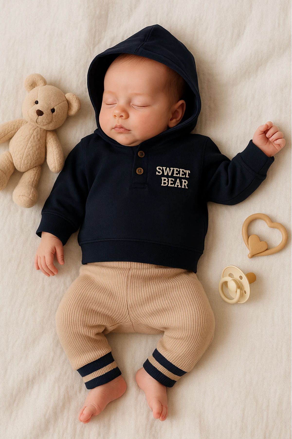 Çıldırıns Sweet Bear Baskılı Kapüşonlu 2’li Bebek Takım