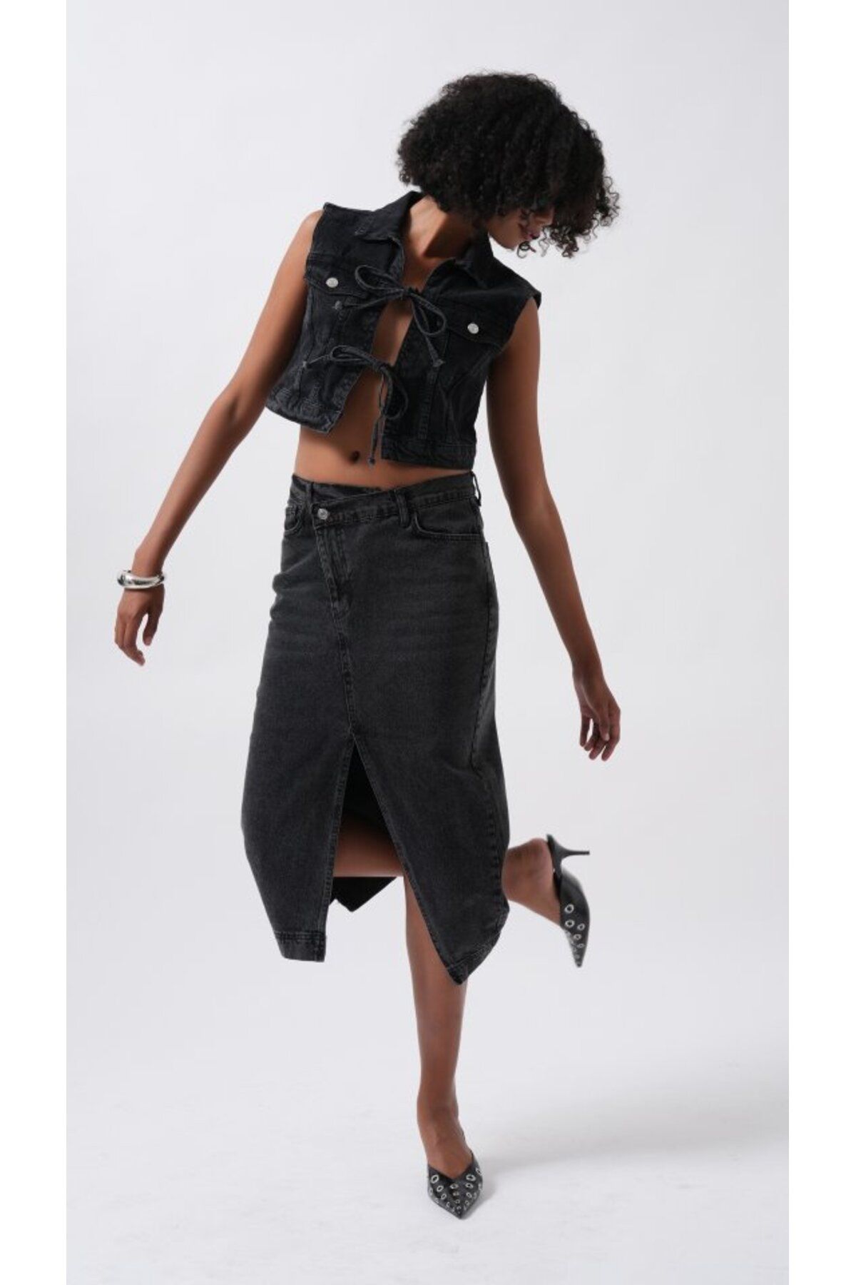 Meleners Yırtmaç Detay Denim Midi Etek