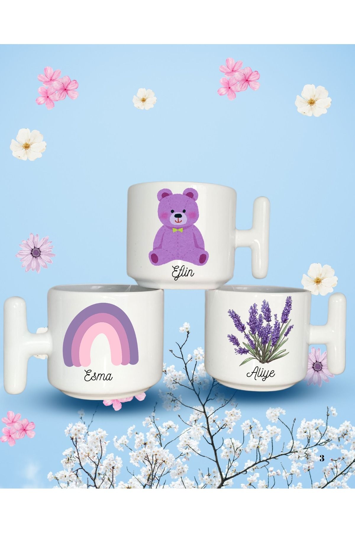 blue lavender Ayıcık Baskılı kupa t kupa ve yuvarlak kulplu kupalar