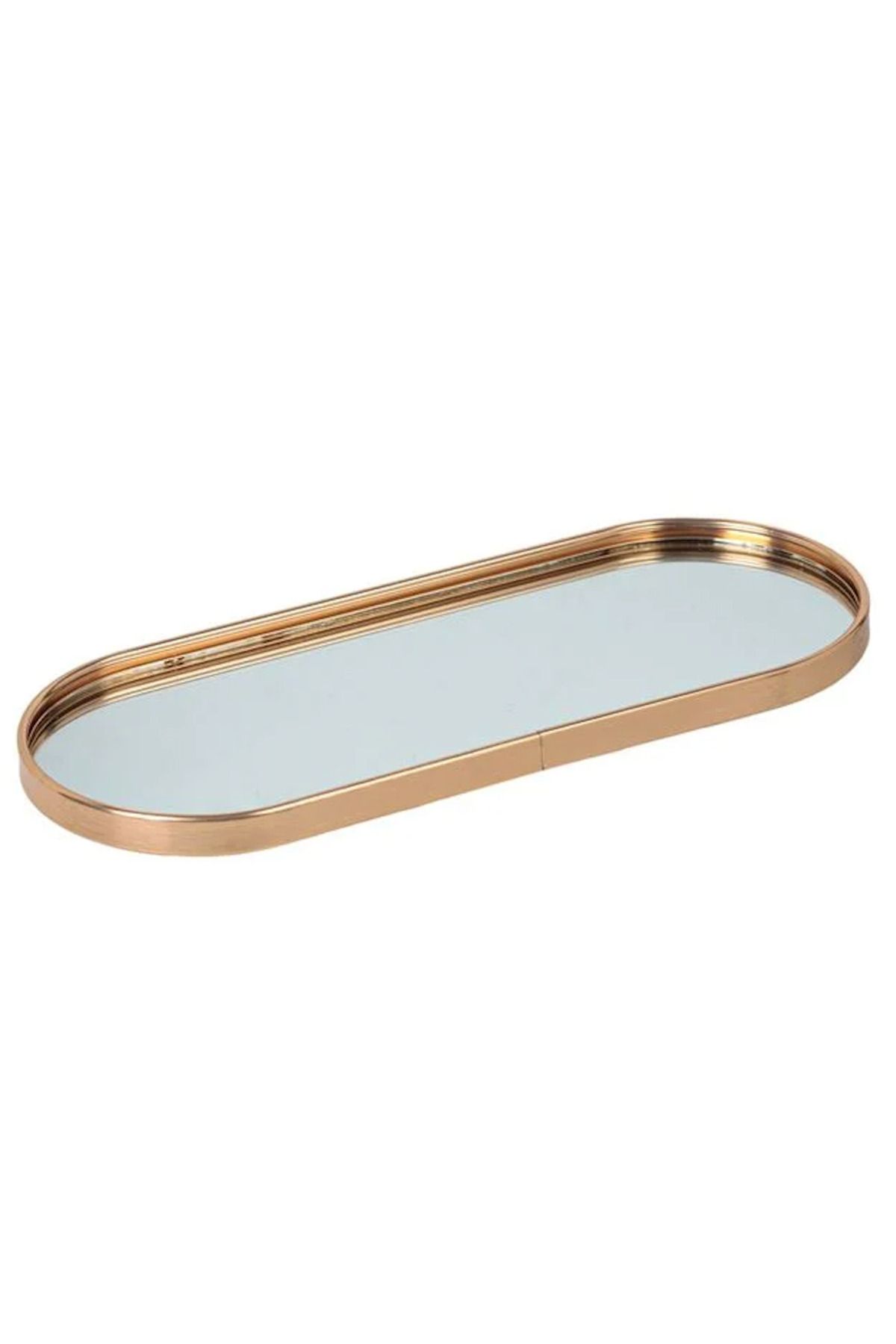 Home Sunumluk Tepsi Altın Rengi Metal Şeritli Oval Ayna 34x13,5x1,5cm