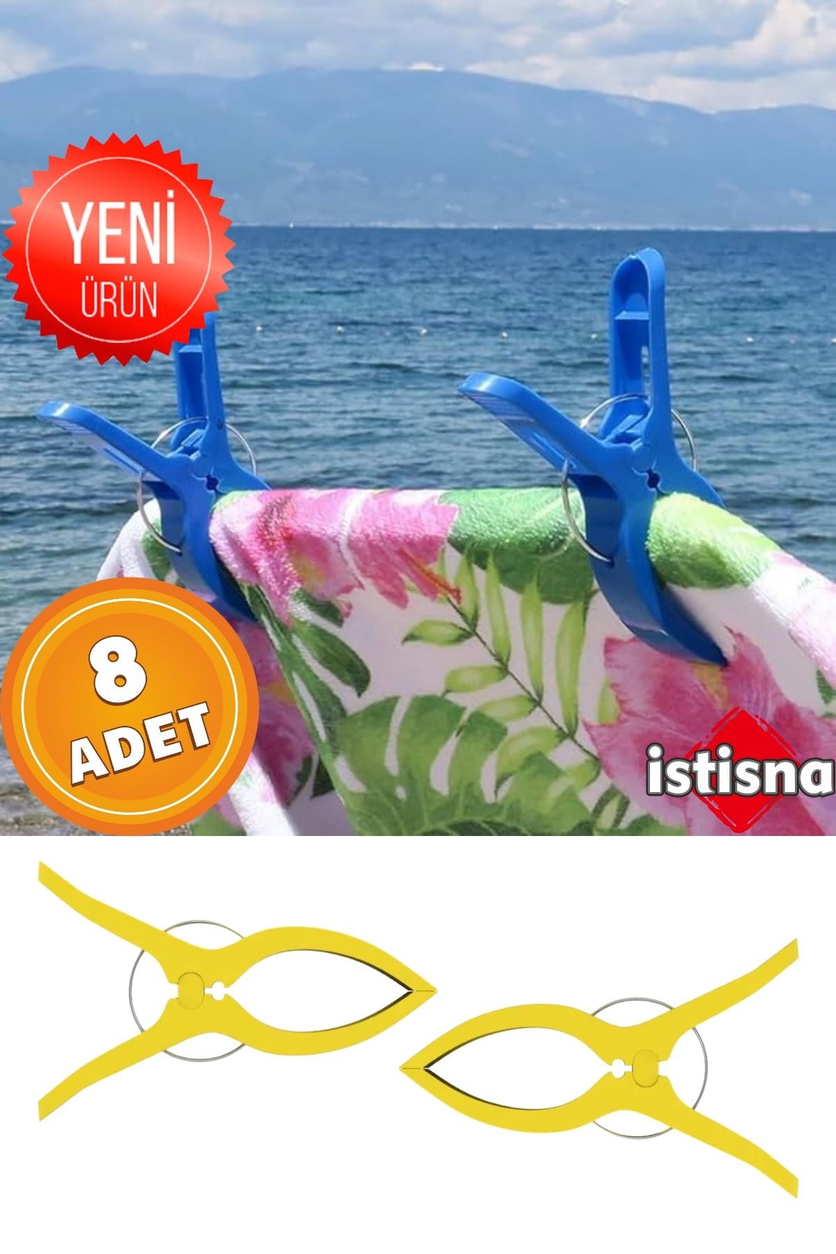 İstisna 8 Adet XXL Büyük Boy Şezlong Plaj Havlusu Mandalı Halı Asma Battaniye ve Havlu Tutucu Mandal