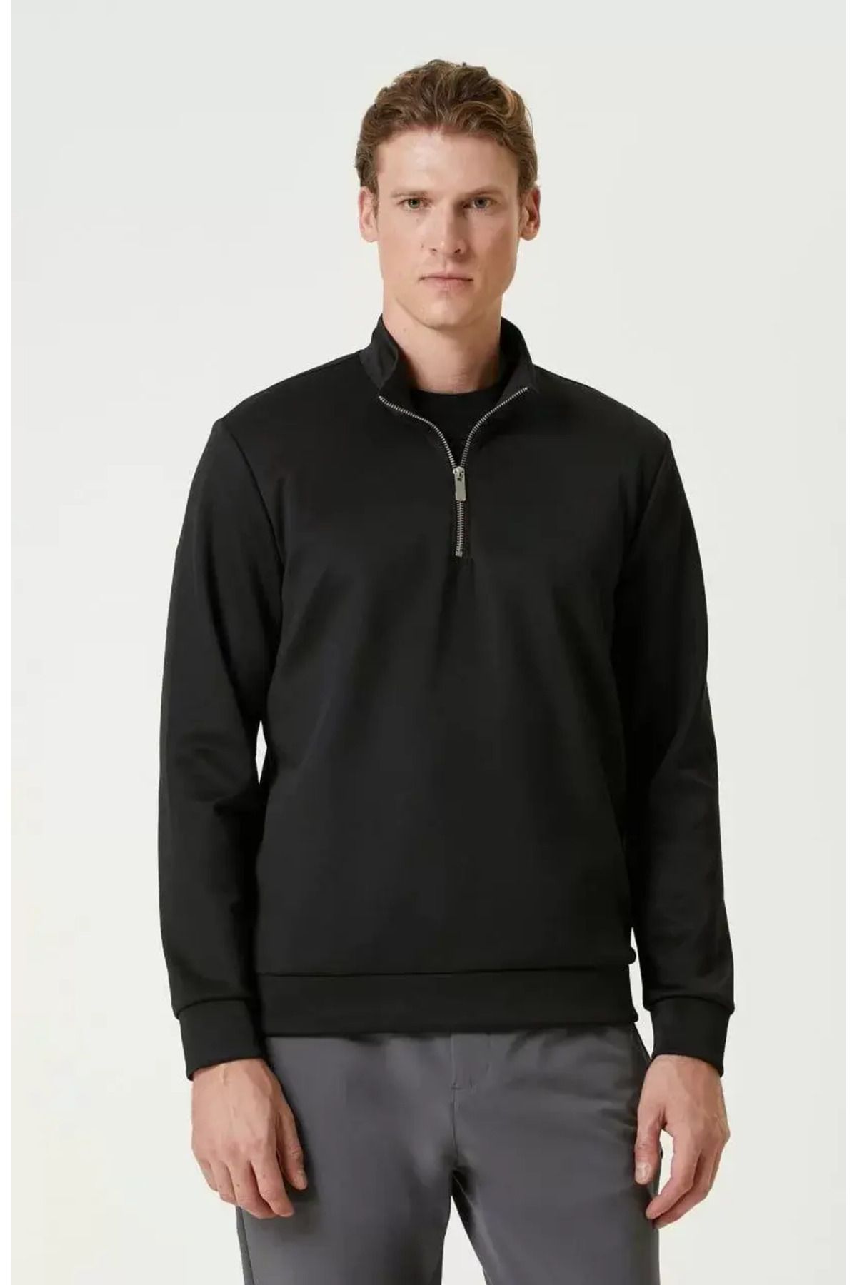 Byozze Unisex Uzun Kol Yarım Farmuarlı Yakalı Basic SweatShirt - Siyah