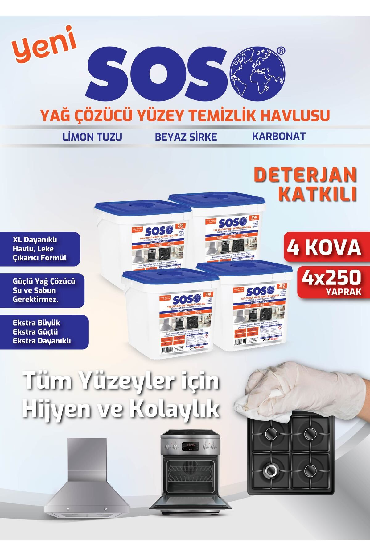 SOSOmarket 4 adet X 250 Yaprak - Soso Özel Formüllü Kova Yağ Çözücü Yüzey Temizleme Mendili HNZRN