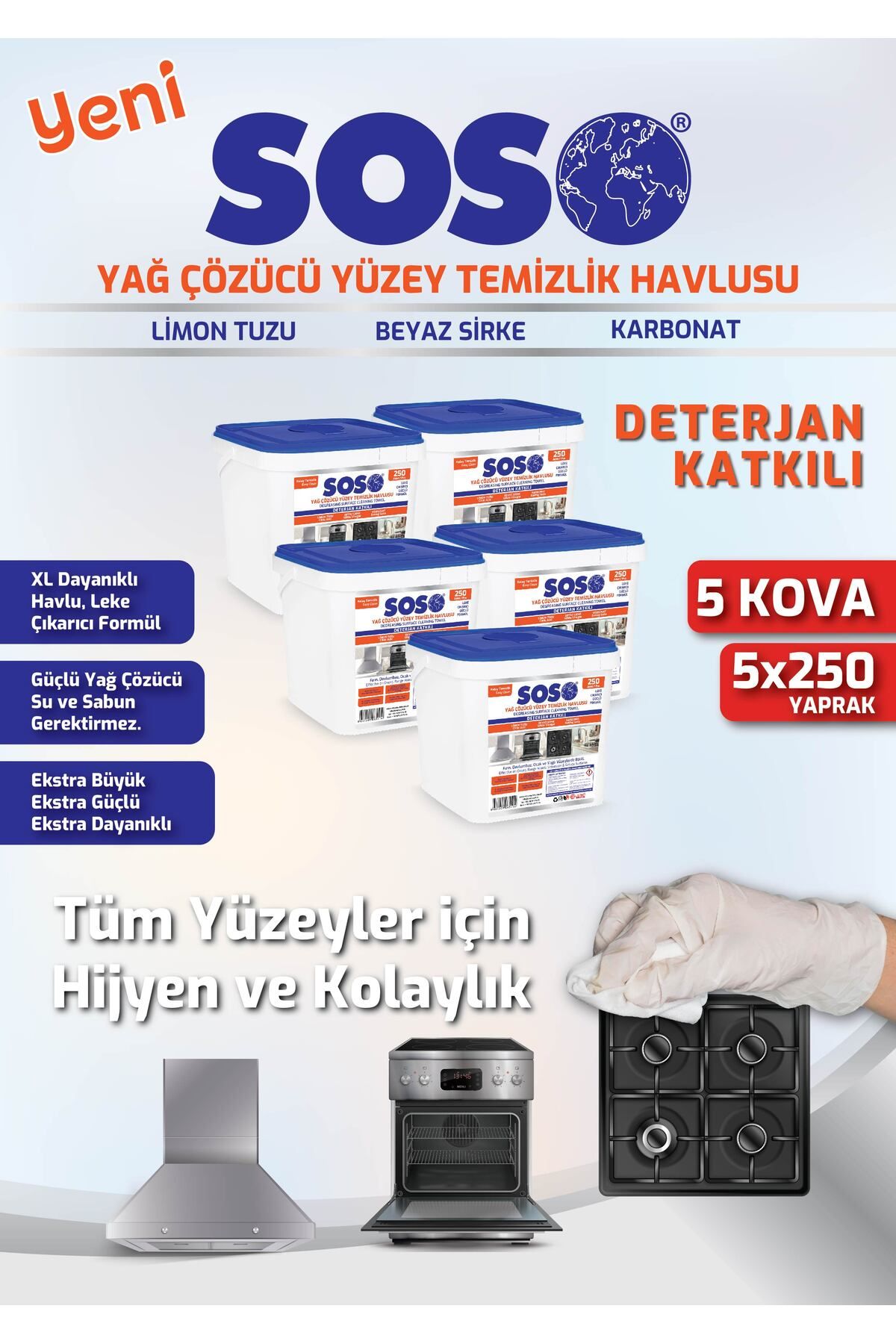 SOSOmarket 5 adet X 250 Yaprak - Soso Özel Formüllü Kova Yağ Çözücü Yüzey Temizleme Mendili GLSTD