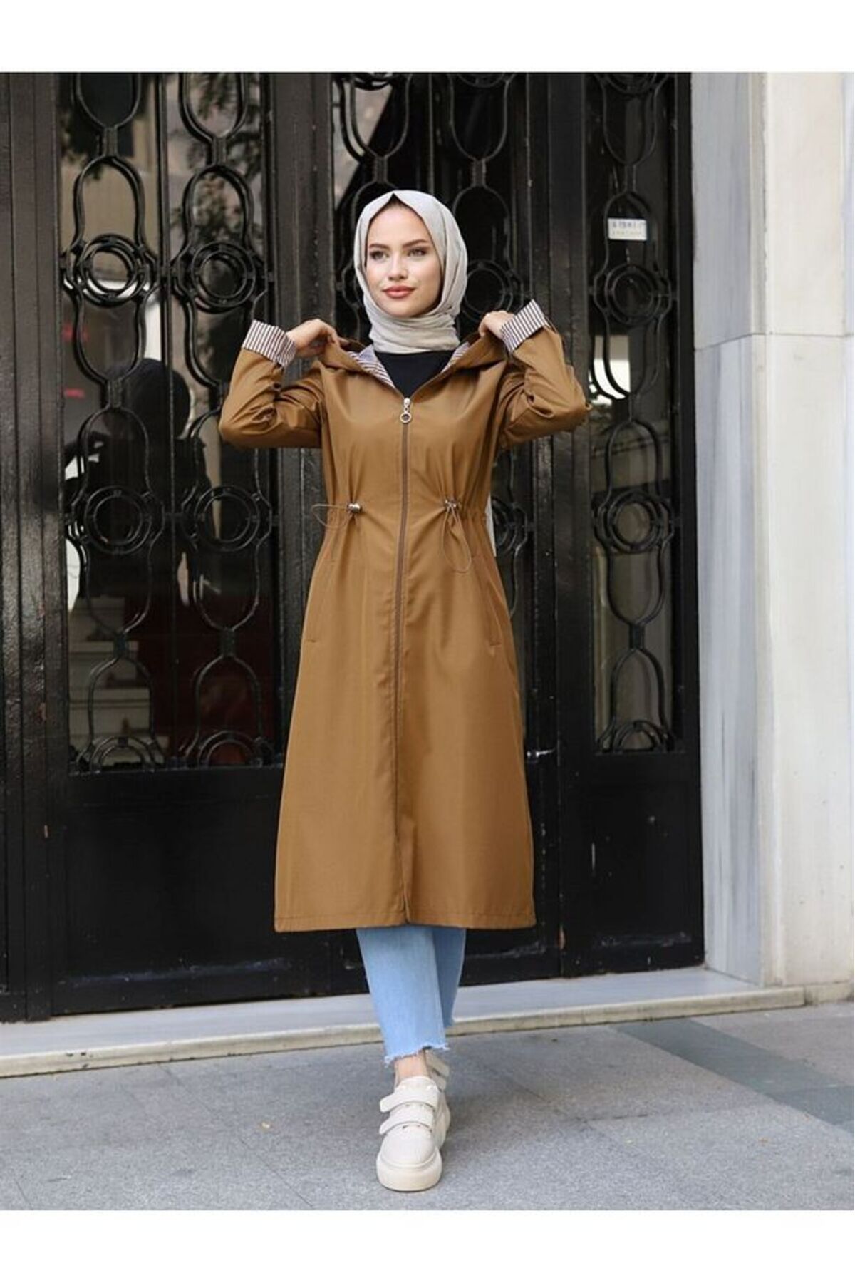 ULUEL STORE Çizgili Ve Kapüşonlu Mevsimlik Trençkot