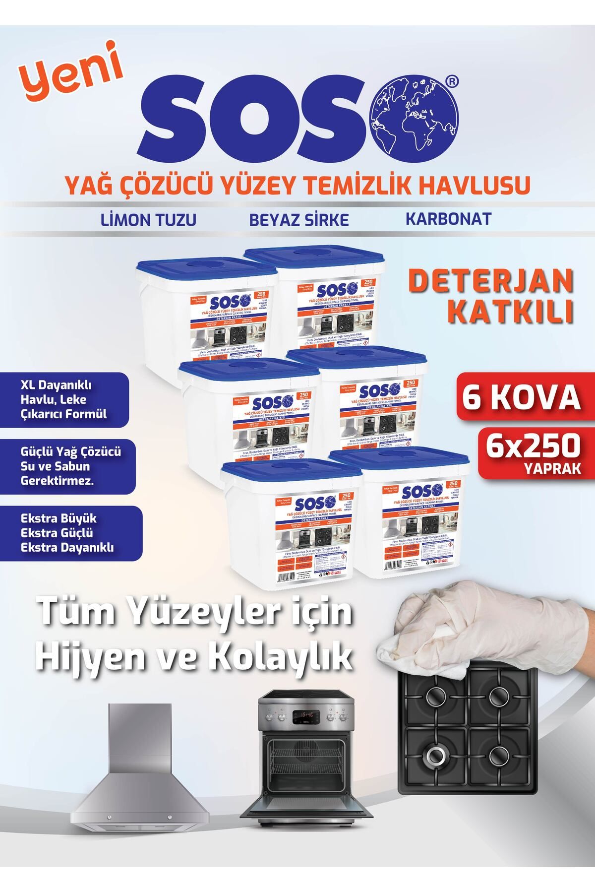 SOSOmarket 6 adet X 250 Yaprak - Soso Özel Formüllü Kova Yağ Çözücü Yüzey Temizleme Mendili 1493543713