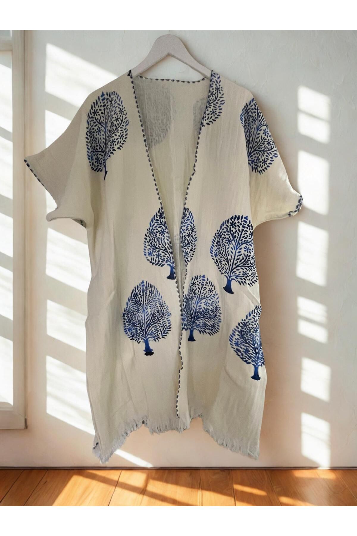 TekStilize Deniz Grubu Ağaç Desenli Kimono (%100 PAMUKLU)