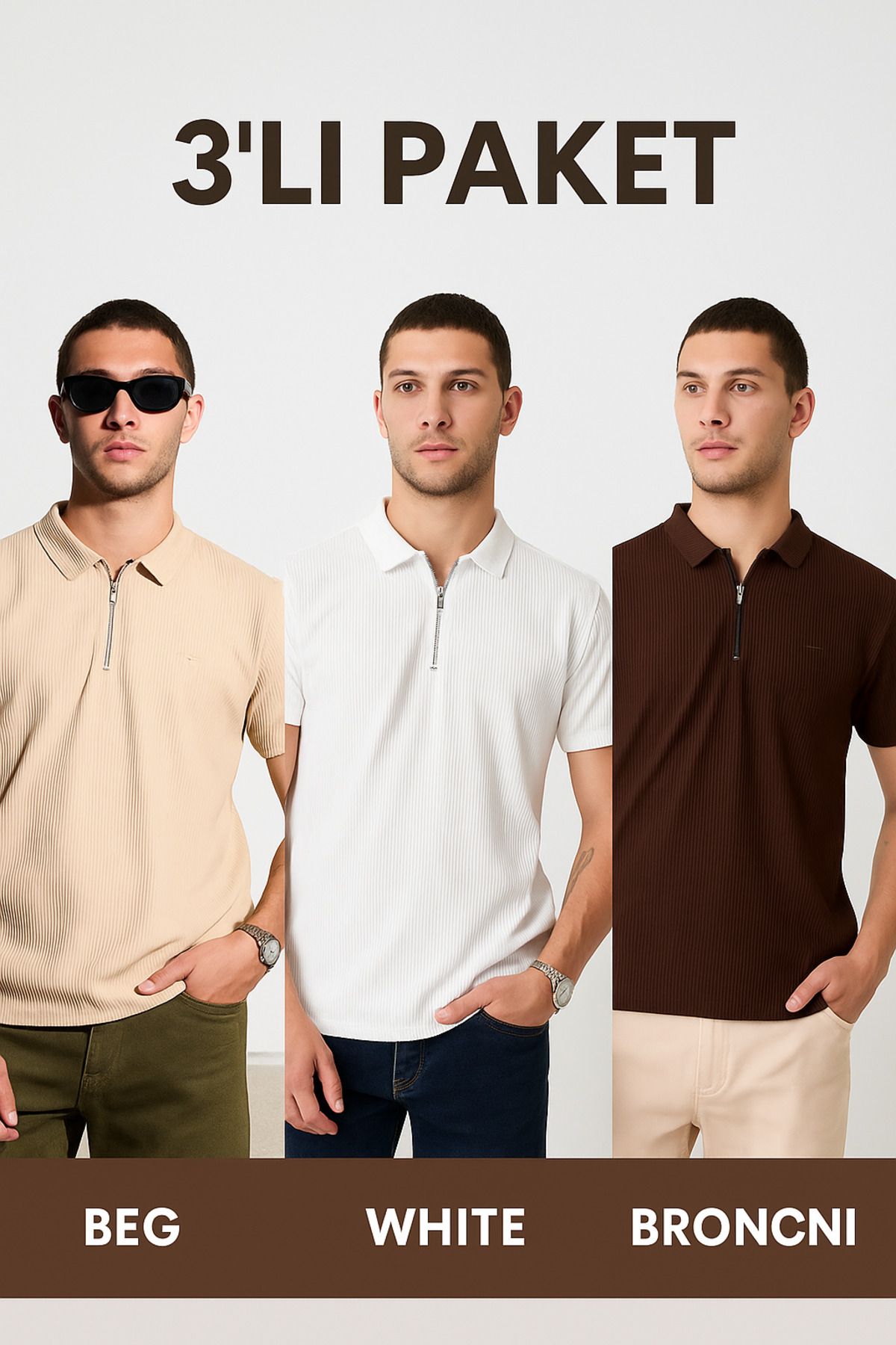 DAMGA JEANS Erkek 3' Lü Paket Fermuarlı Bol Polo Yaka Tişört
