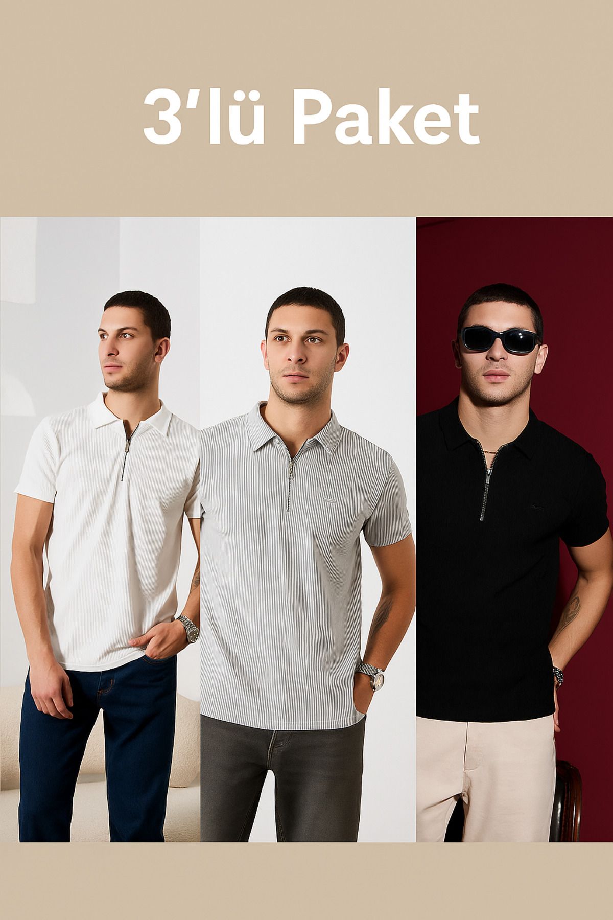 DAMGA JEANS Erkek 3' Lü Paket Fermuarlı Bol Polo Yaka Tişört