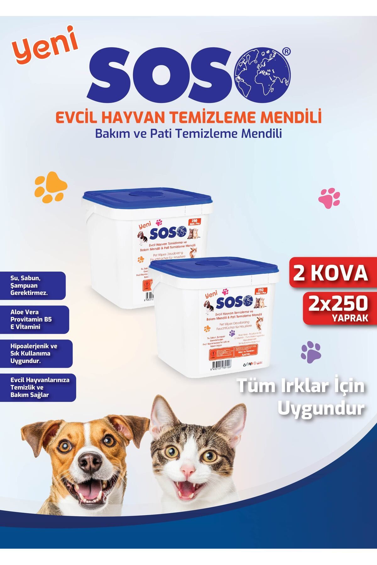 SOSOmarket 2 adet X 250 Yaprak - Soso Kova Evcil Hayvan Kedi Köpek Pati ve Vücut Temizleme Mendili YKTSN