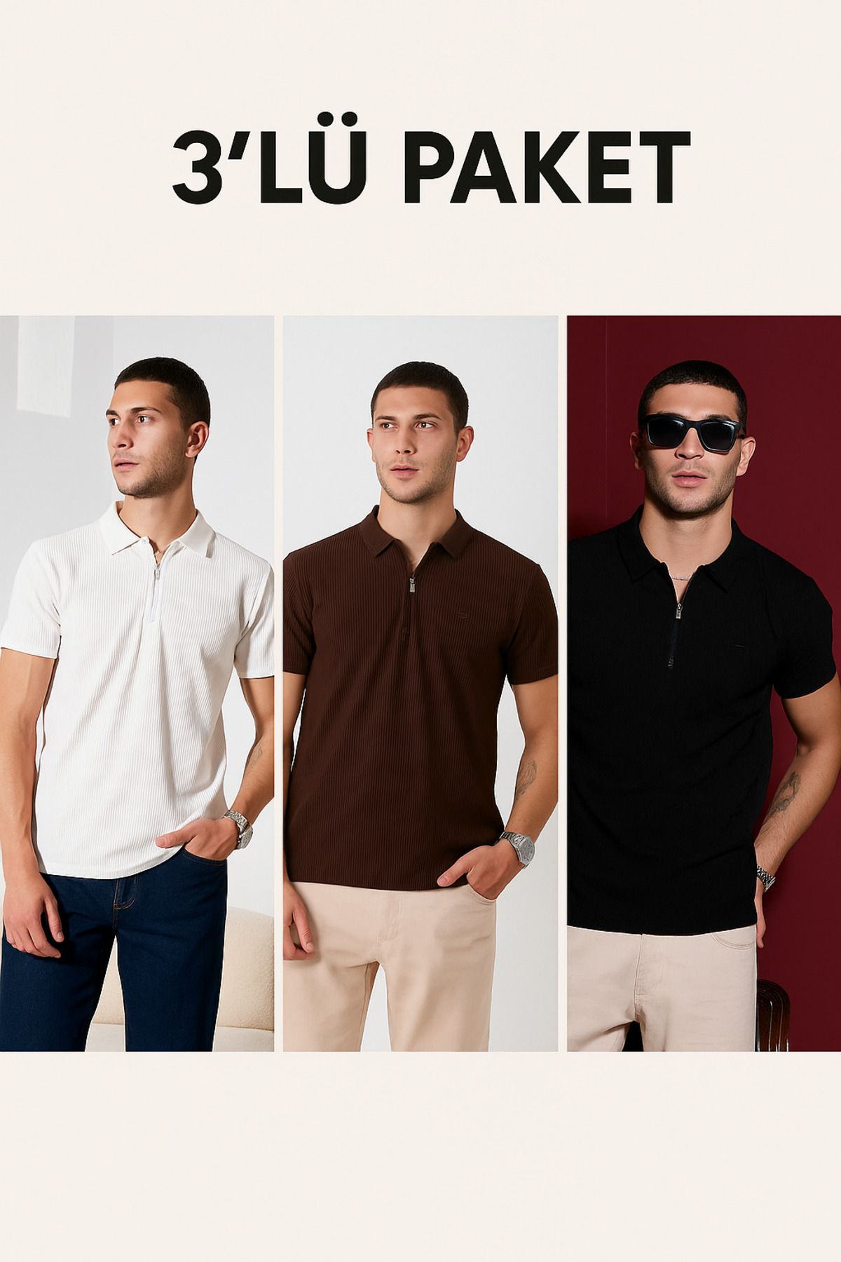 DAMGA JEANS Erkek 3' Lü Paket Fermuarlı Bol Polo Yaka Tişört