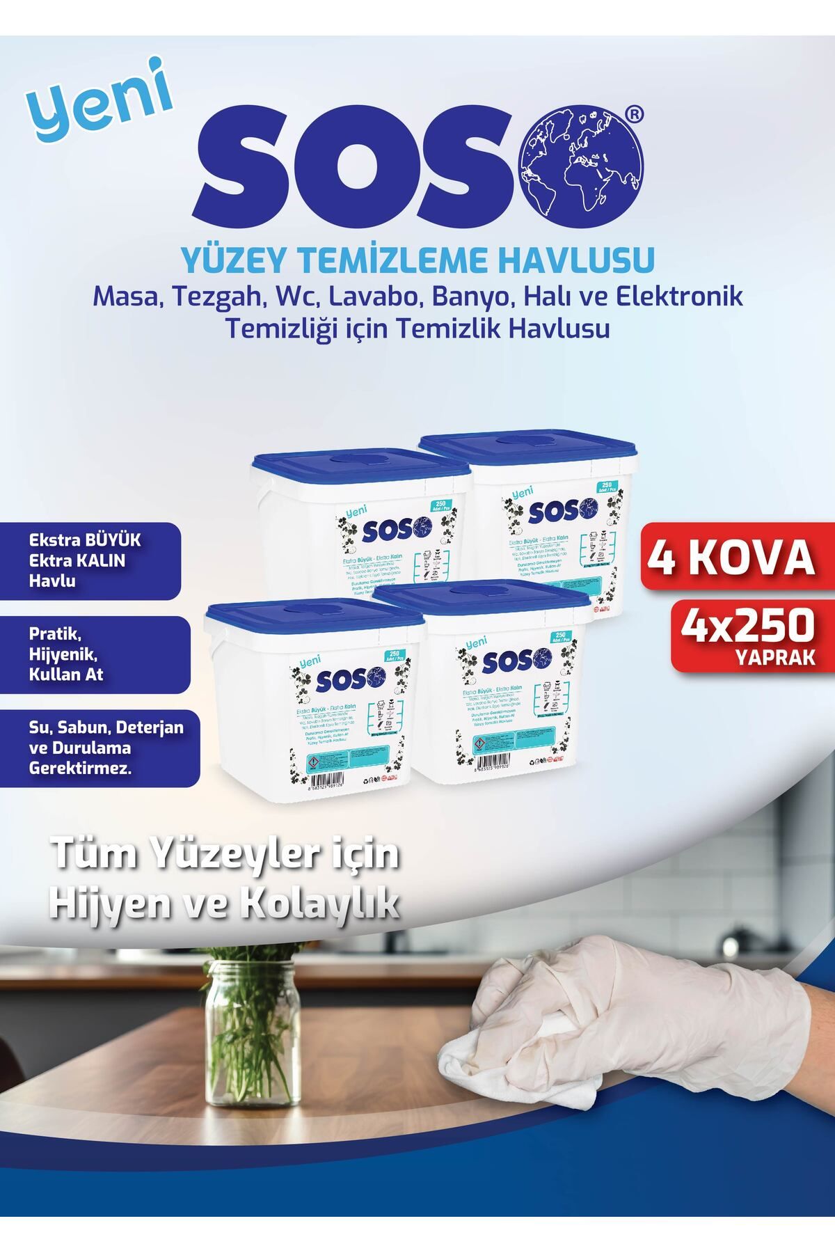 SOSOmarket 4 adet X 250 Yaprak - Soso Kova Beyaz Sabun Kokulu Sirkeli Karbonatlı Yüzey Temizleme Mendili SVLRS